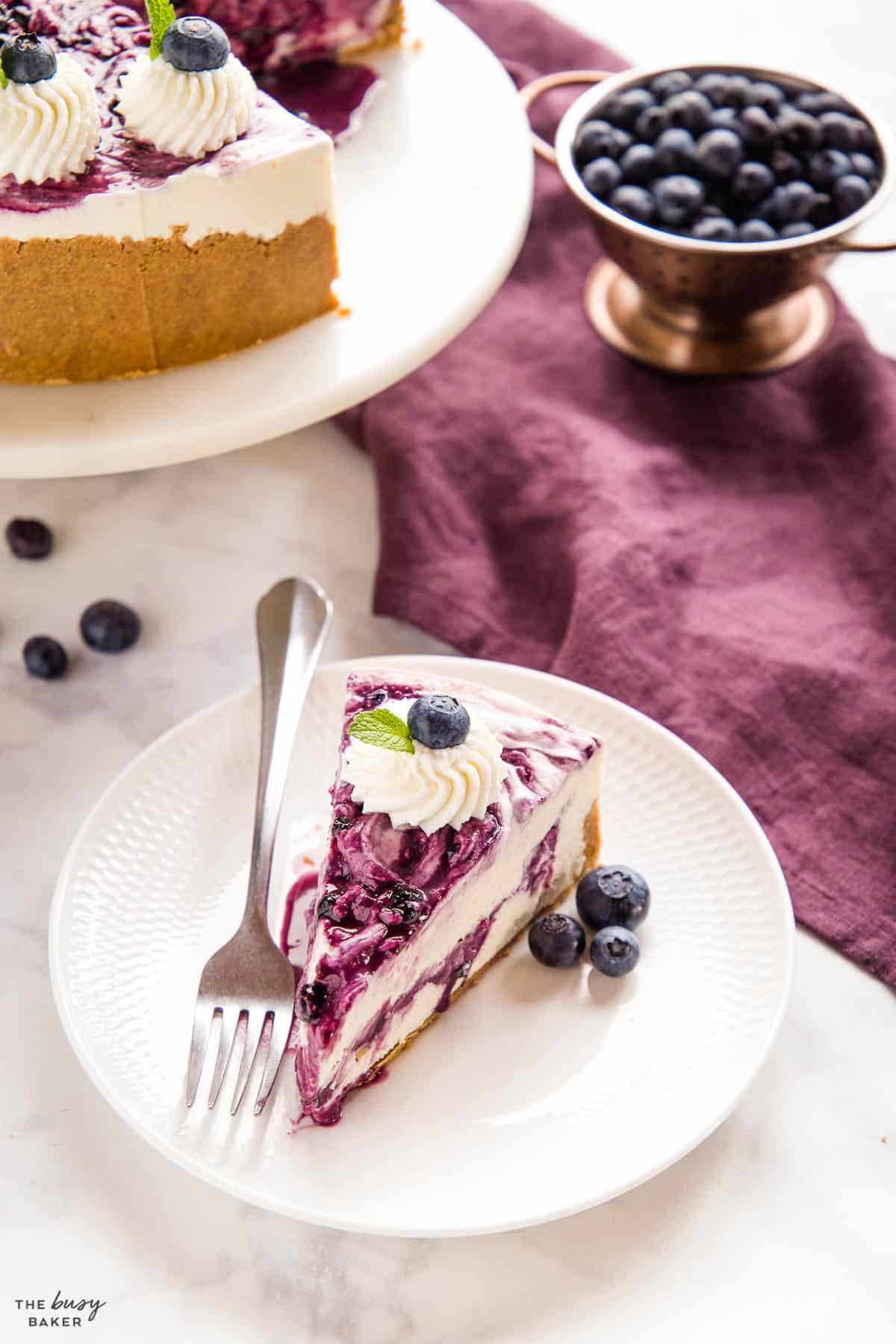 slice of no bake blueberry cheesecake