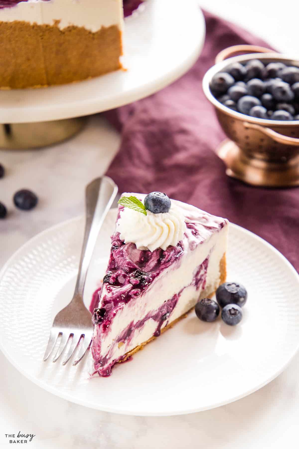 slice of cheesecake with blueberry swirl