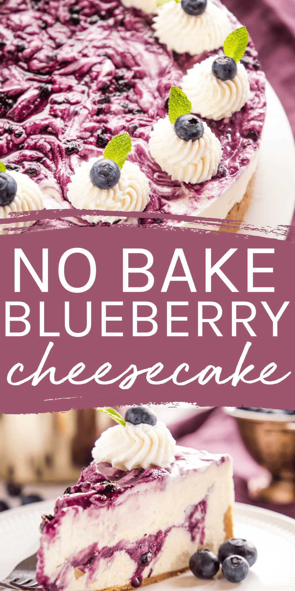 This No Bake Blueberry Cheesecake recipe is a stunning and simple summer dessert made easy with only a few simple ingredients. Ultra creamy, smooth and flavoured with sweet blueberry sauce - no baking required! Recipe from thebusybaker.ca! #blueberrycheesecake #nobakecheesecake #nobakeblueberrycheesecake #berrycheesecake #easycheesecake #cheesecakerecipe #dessertrecipe #easydessert #nobakedessert via @busybakerblog