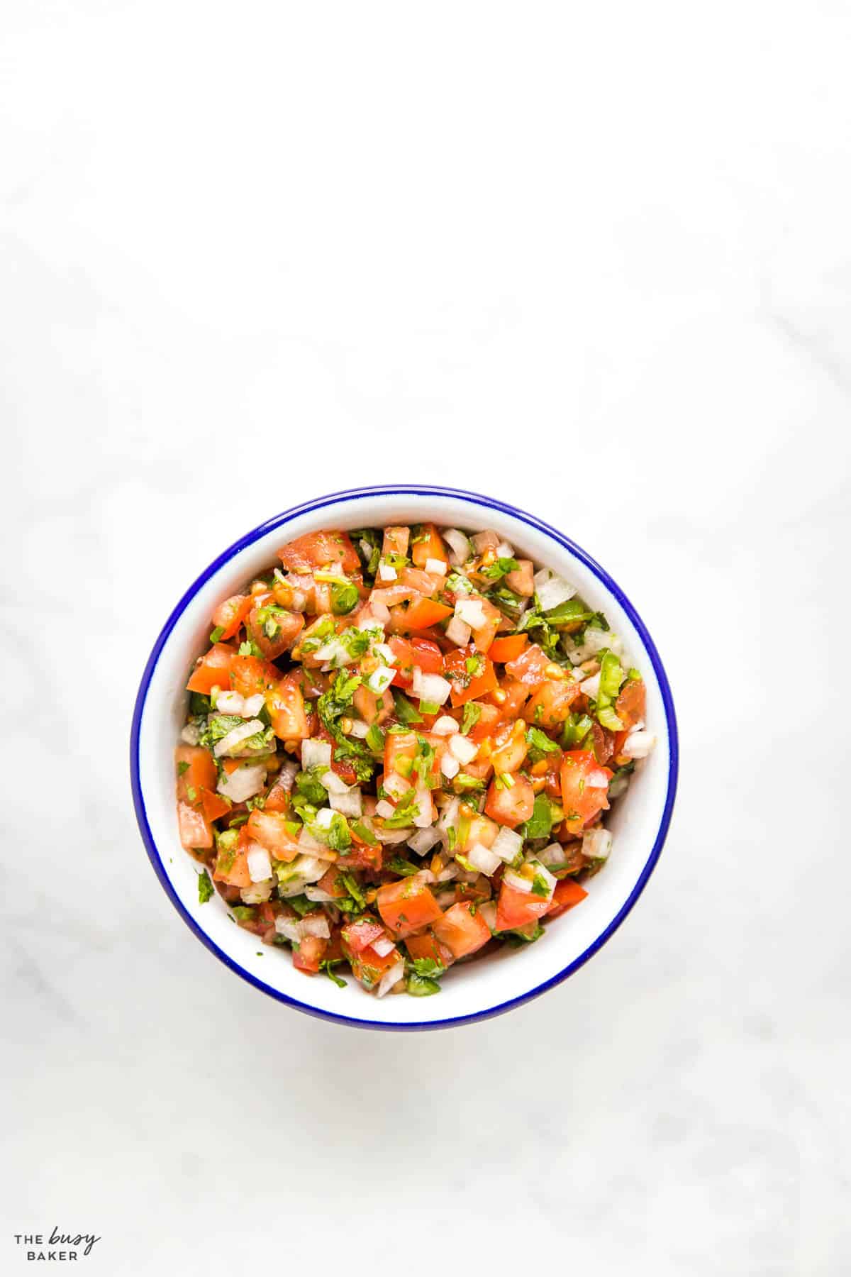 white bowl with blue rim filled with pico de gallo