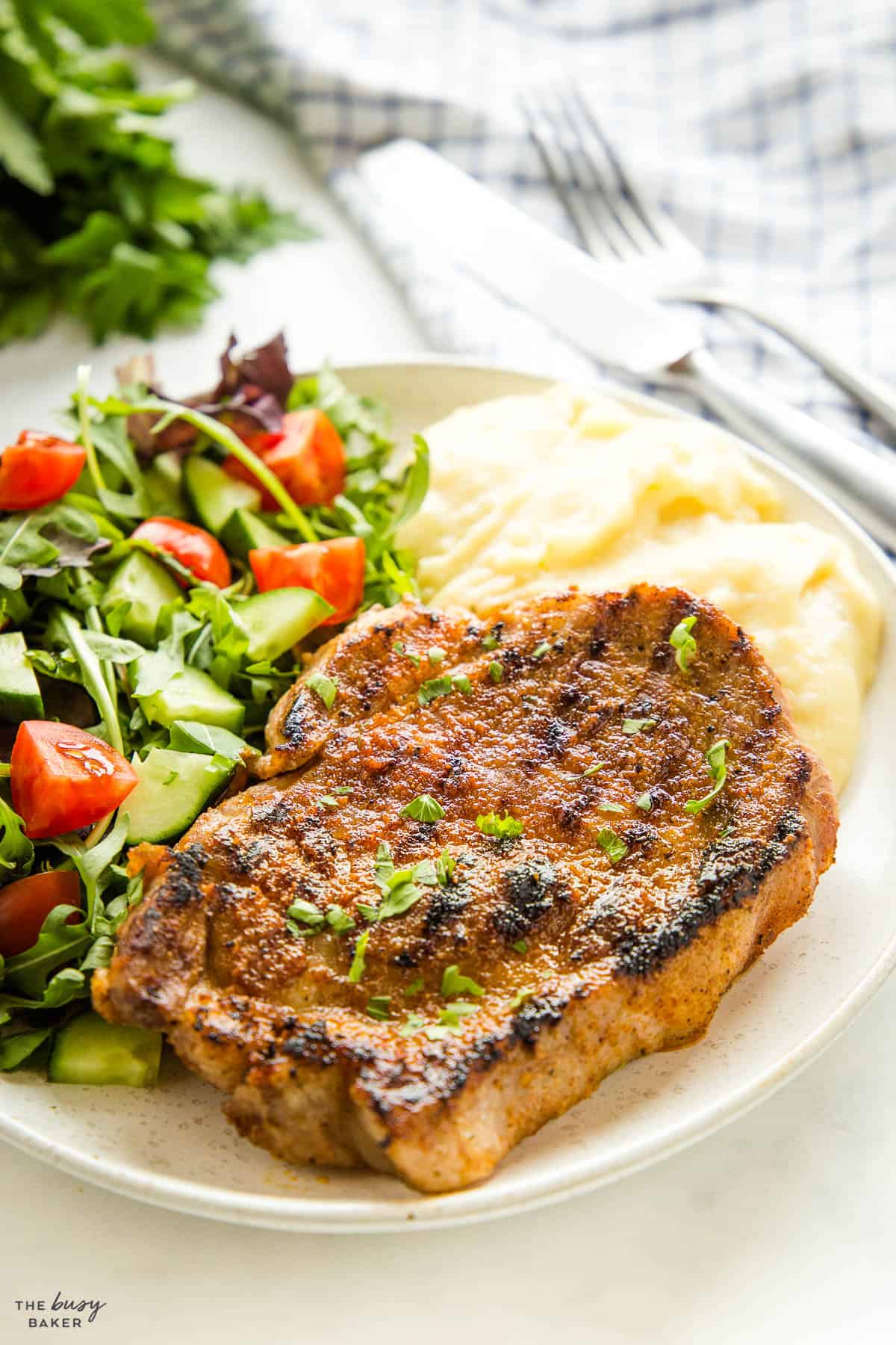 grilled pork steak or boston butt on white plate with salad and mashed potatoes