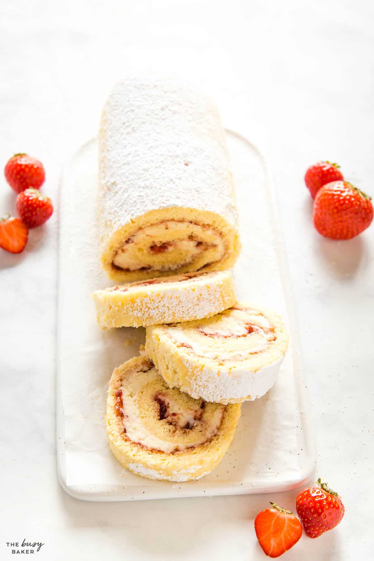 Swiss roll cake with strawberry jam and mascarpone cream