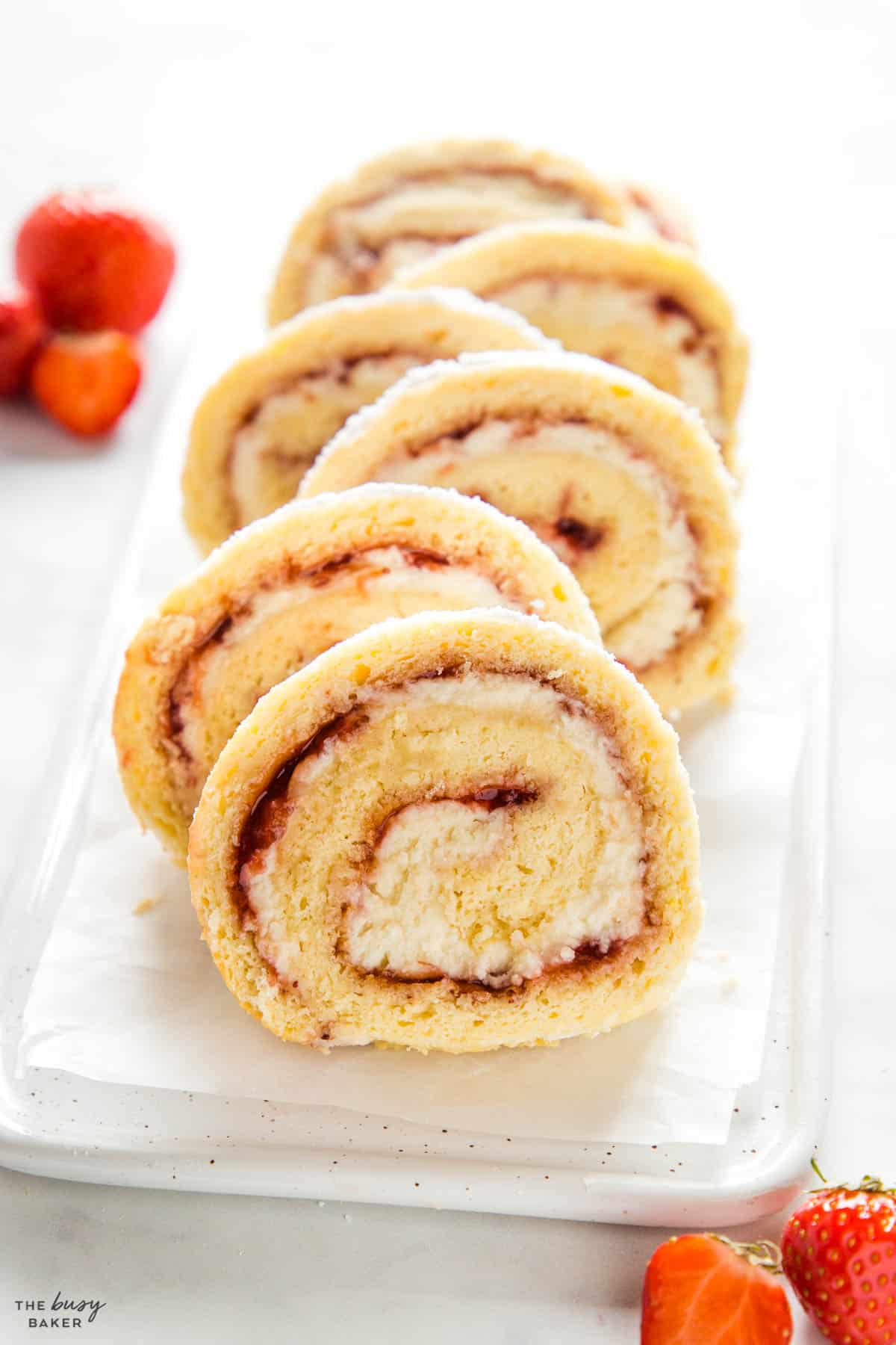 strawberry vanilla roll cake slices