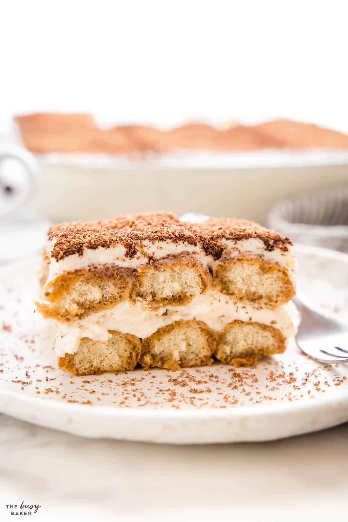 tiramisu slice on white plate