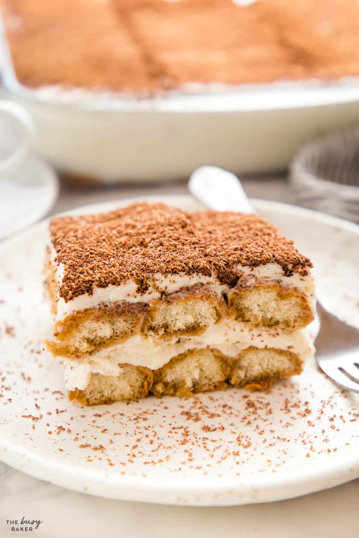 tiramisu slice on white plate