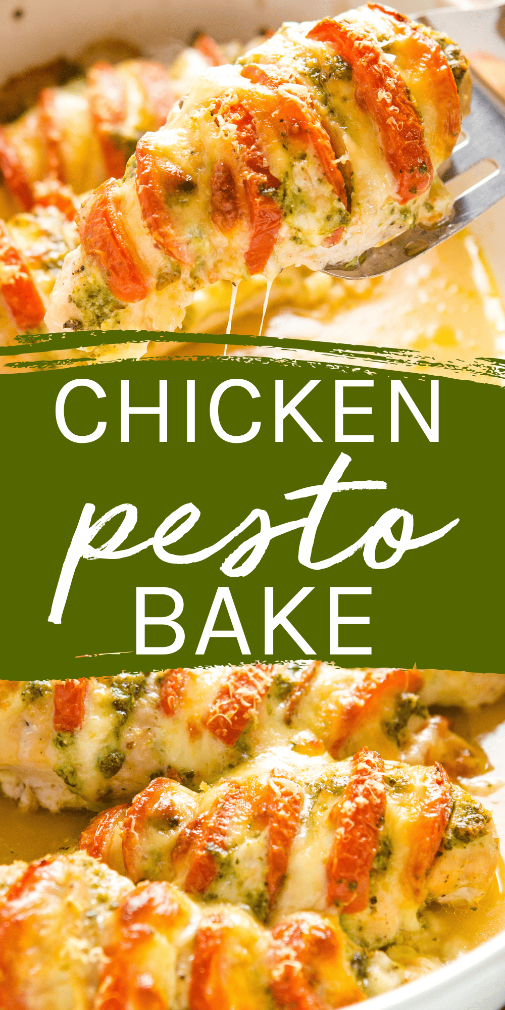 This Pesto Chicken Bake recipe is an easy low-carb protein-packed main dish with fresh tomato, pesto & melted mozzarella cheese. Recipe from thebusybaker.ca! #pestochicken #pestochickenbake #chickenandpesto via @busybakerblog