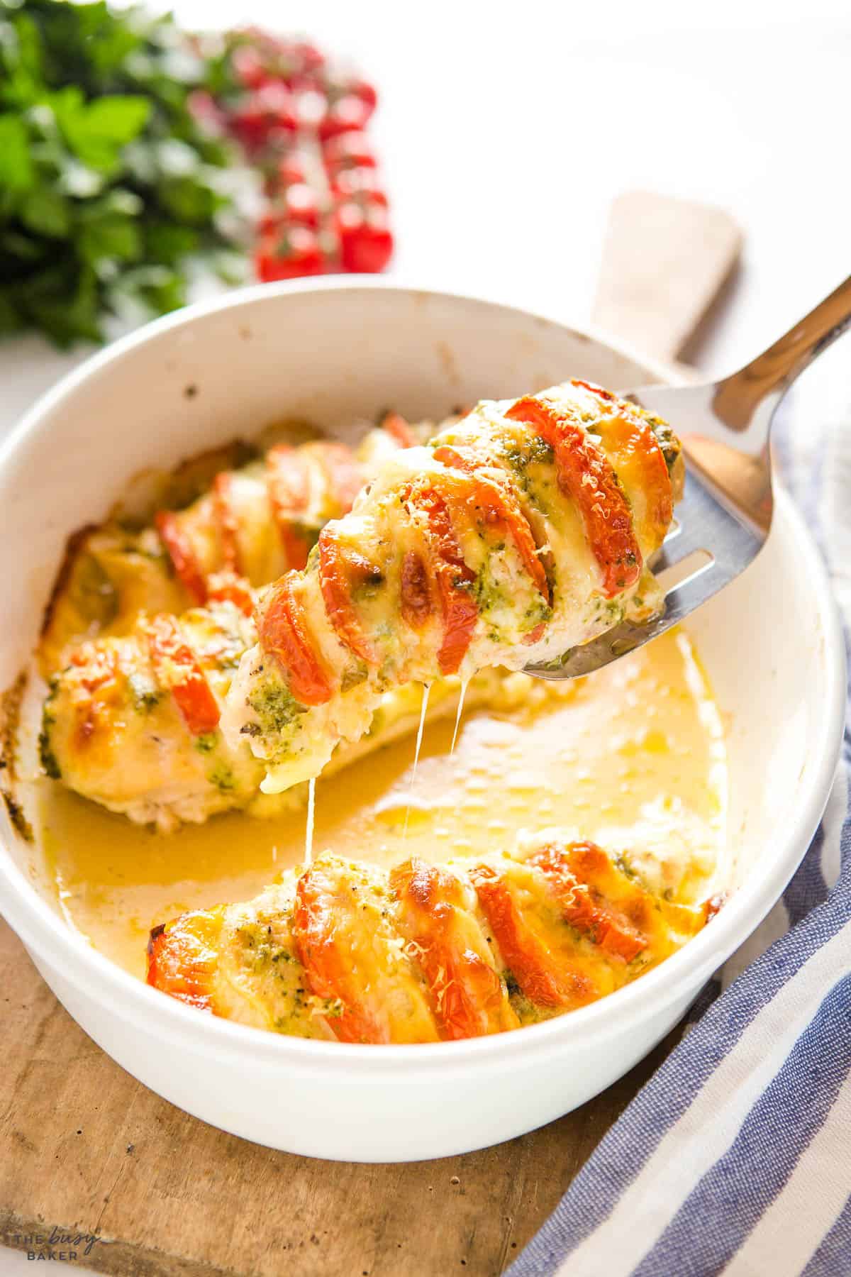 chicken with tomatoes, pesto and cheese