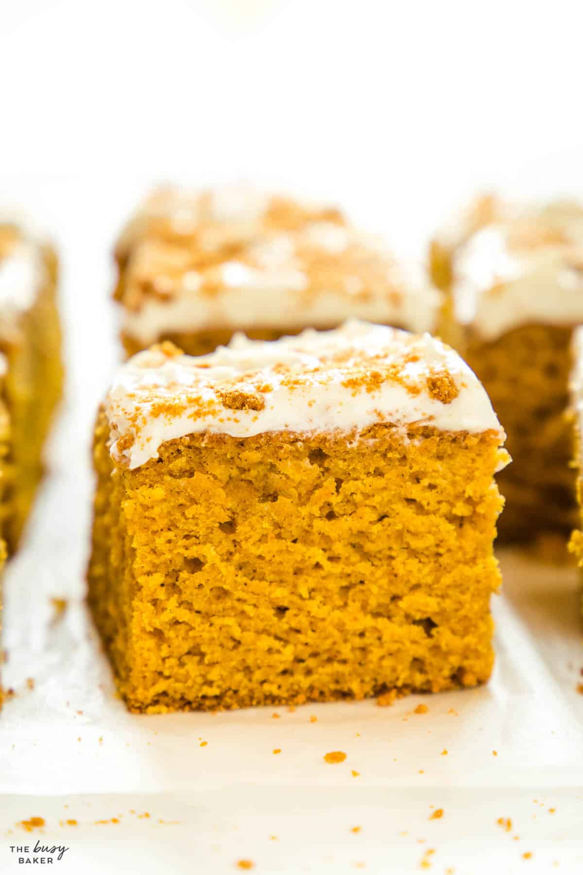 closeup recipe: piece of pumpkin cake with cream cheese frosting