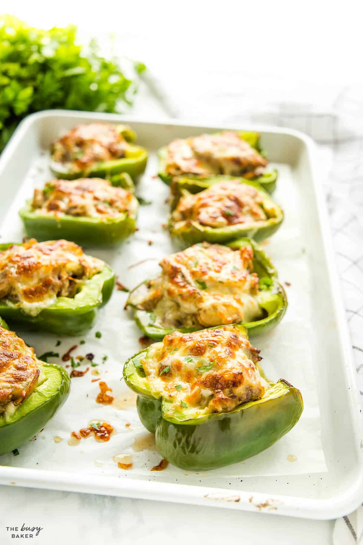Philly cheesesteak stuffed peppers on sheet pan