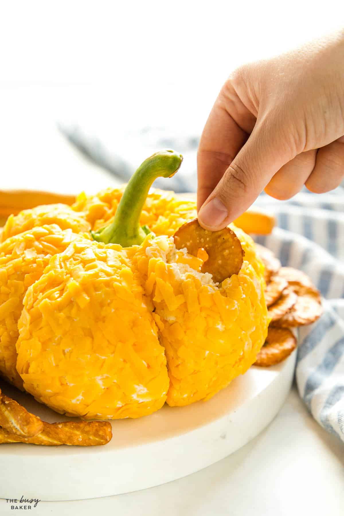hand dipping cracker into pumpkin cheese ball