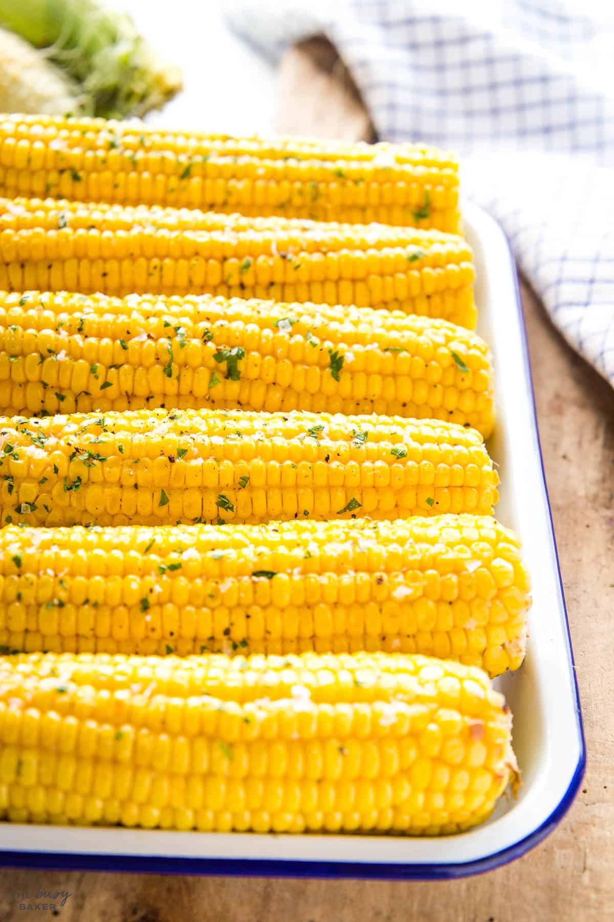 closeup image: a platter of corn