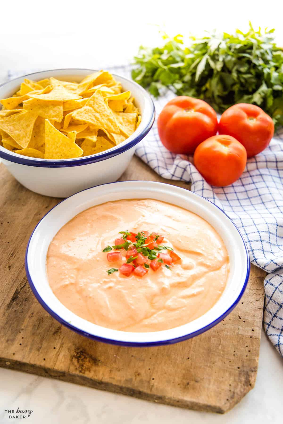 cottage cheese queso dip in a white bowl