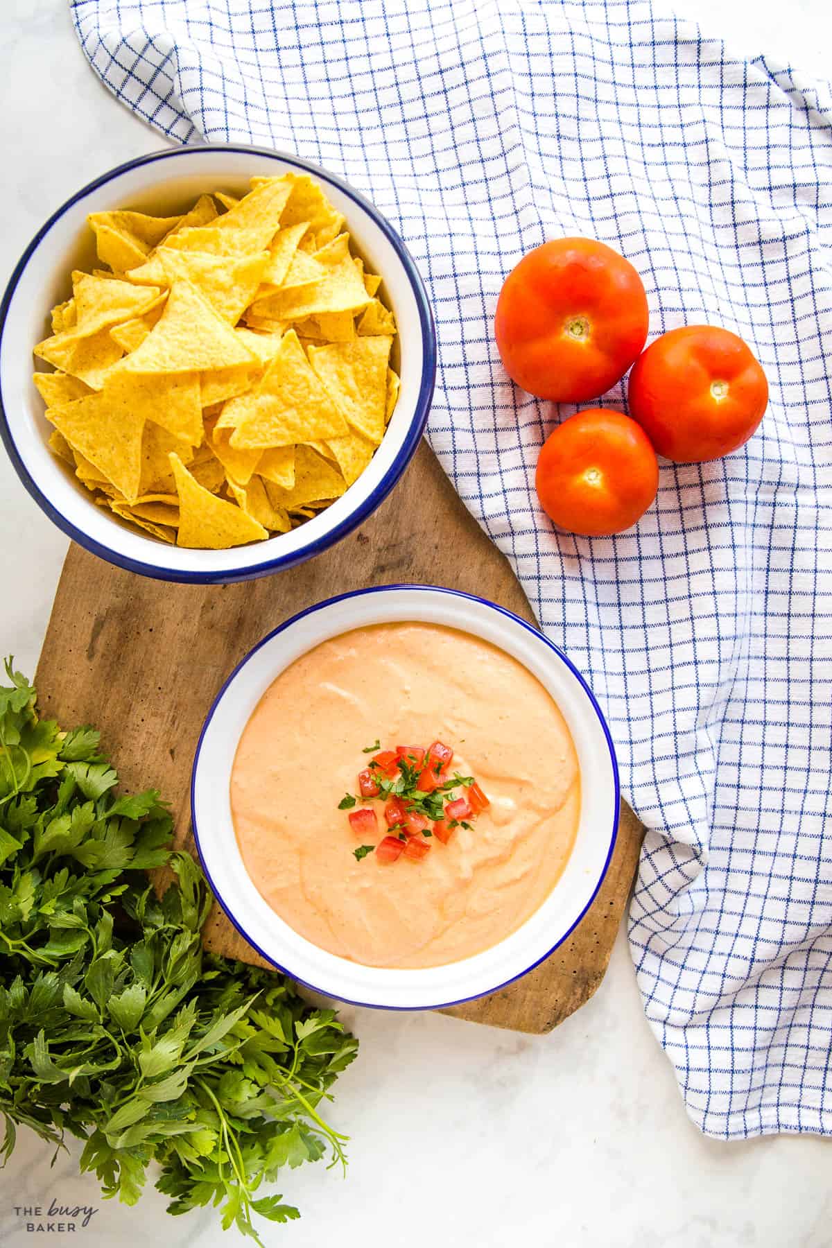 overhead image: tex mex cottage cheese condiment in white bowl with blue rim