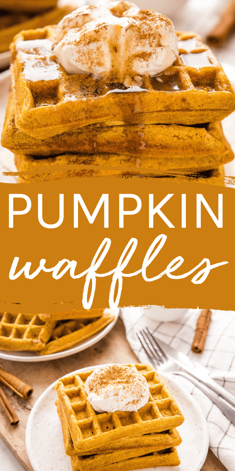 This Pumpkin Waffles recipe is the perfect fall breakfast or brunch. The BEST light and fluffy waffles made with pumpkin and spice - serve them with maple syrup and whipped cream! Recipe from thebusybaker.ca! #pumpkinwaffles #easypumpkinwaffles #fallbreakfast #fallbrunch #thanksgivingbreakfast #thanksgivingbrunch #wafflesrecipe #waffles #pumpkinrecipe via @busybakerblog