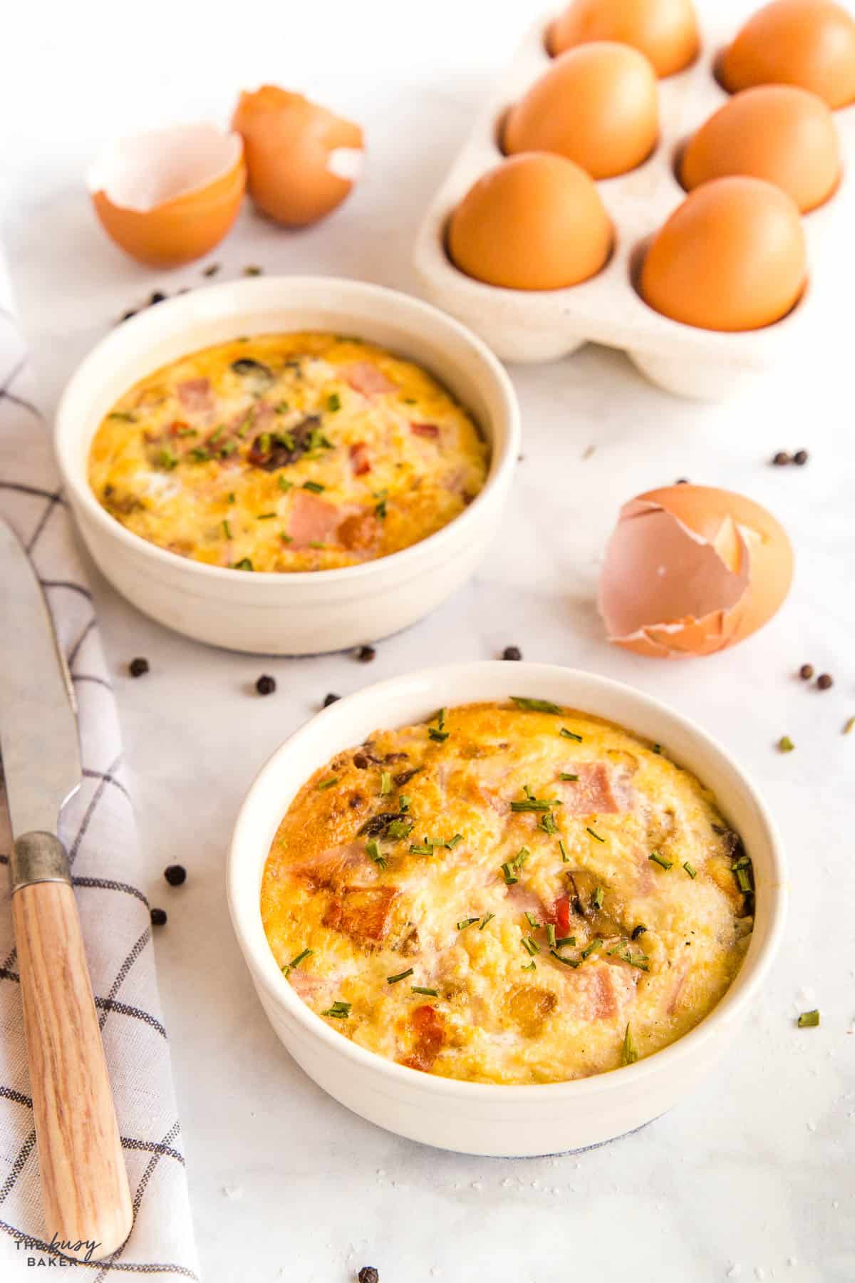 single-serve veggie and ham omelettes in ramekins