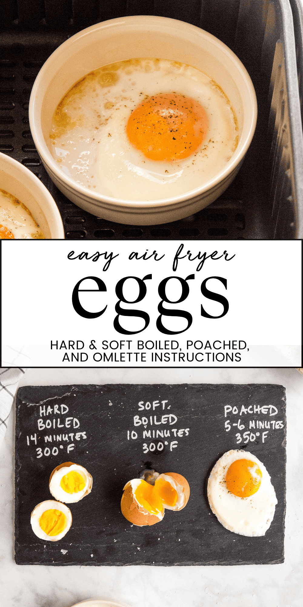 This Air Fryer Eggs recipe is the best tutorial for cooking quick and easy eggs! Air Fryer hard boiled eggs, soft boiled eggs, poached eggs, and omelettes - follow our guide for the perfect eggs, every single time. Recipe from thebusybaker.ca! #airfryereggs #airfryerhardboiledeggs #airfryersoftboiledeggs #airfryerbreakfast #airfryerrecipe #eggsrecipe #eggsforbreakfast #airfryertutorial #airfryerpoachedeggs #airfryeromelette via @busybakerblog