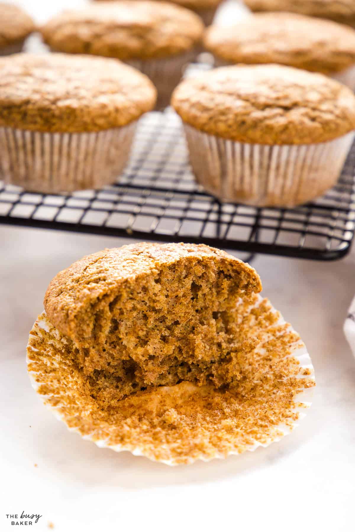 bran muffin cut in half with the perfect texture