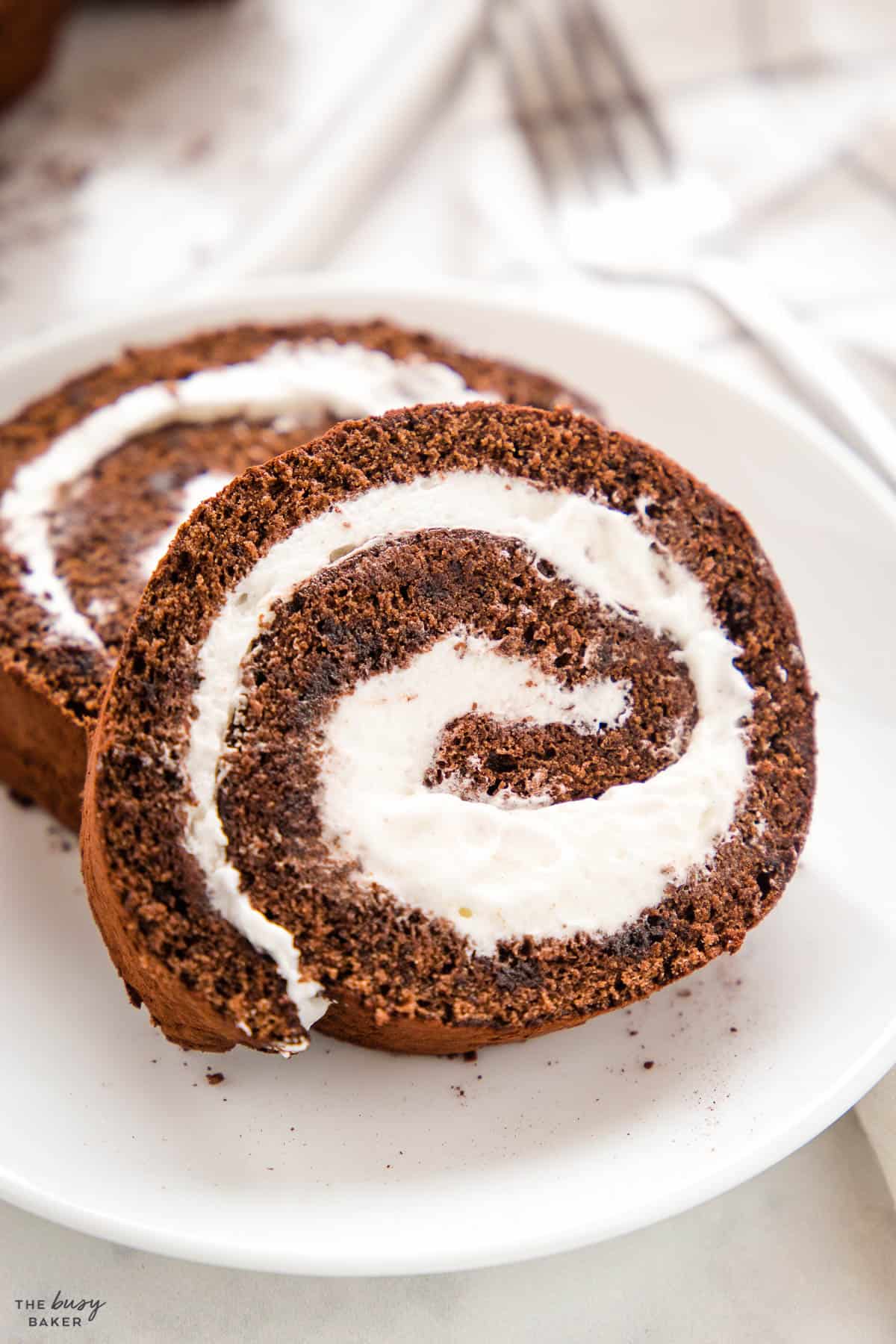 closeup image: slice of chocolate swiss roll with whipped cream