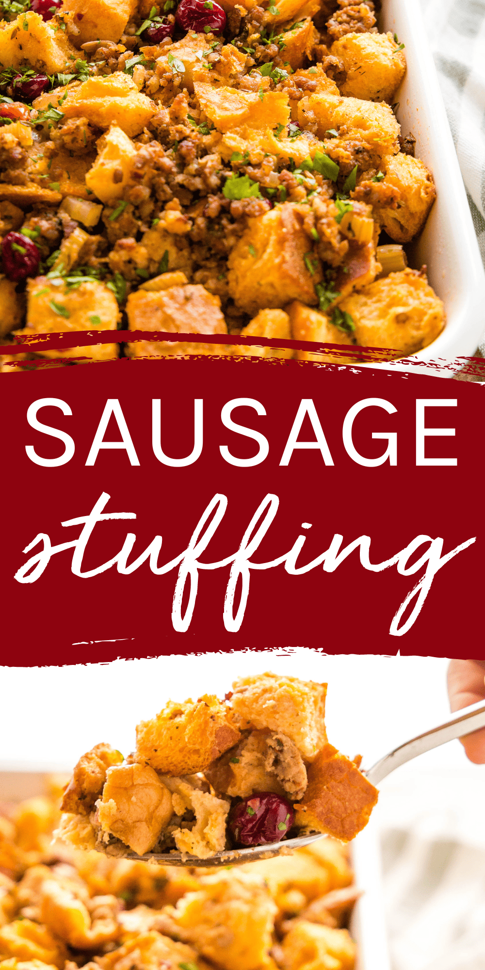 This Sausage Stuffing recipe is an easy, classic & savoury holiday side dish that's perfect for Christmas & Thanksgiving! Recipe from thebusybaker.ca! #sausagestuffing #sausagestuffingrecipe #stuffingrecipe #sausagerecipe #holidaysidedish #christmasrecipe #thanksgivingrecipe #christmas #thanksgiving #thanksgivingstuffing #christmasstuffing via @busybakerblog