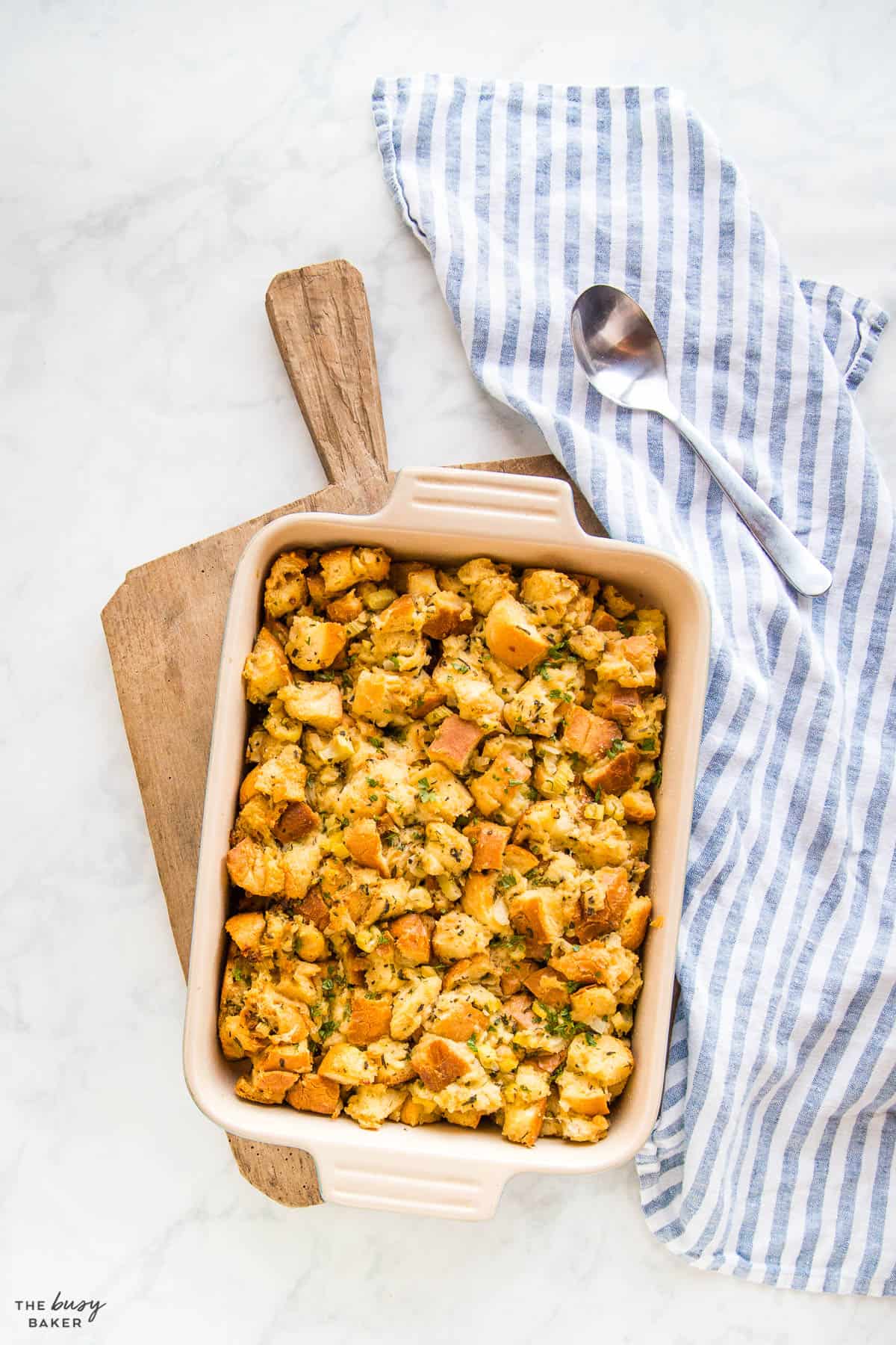 overhead image: homemade stuffing in a baking dish