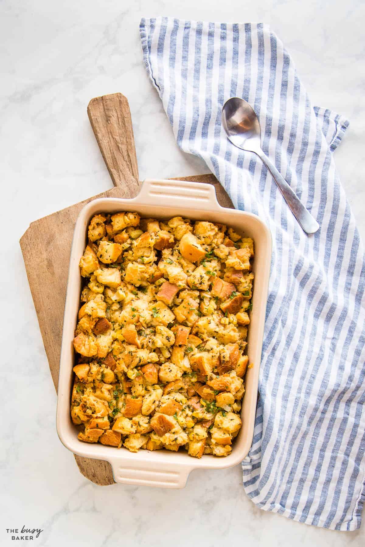 overhead image: homemade stuffing in a baking dish