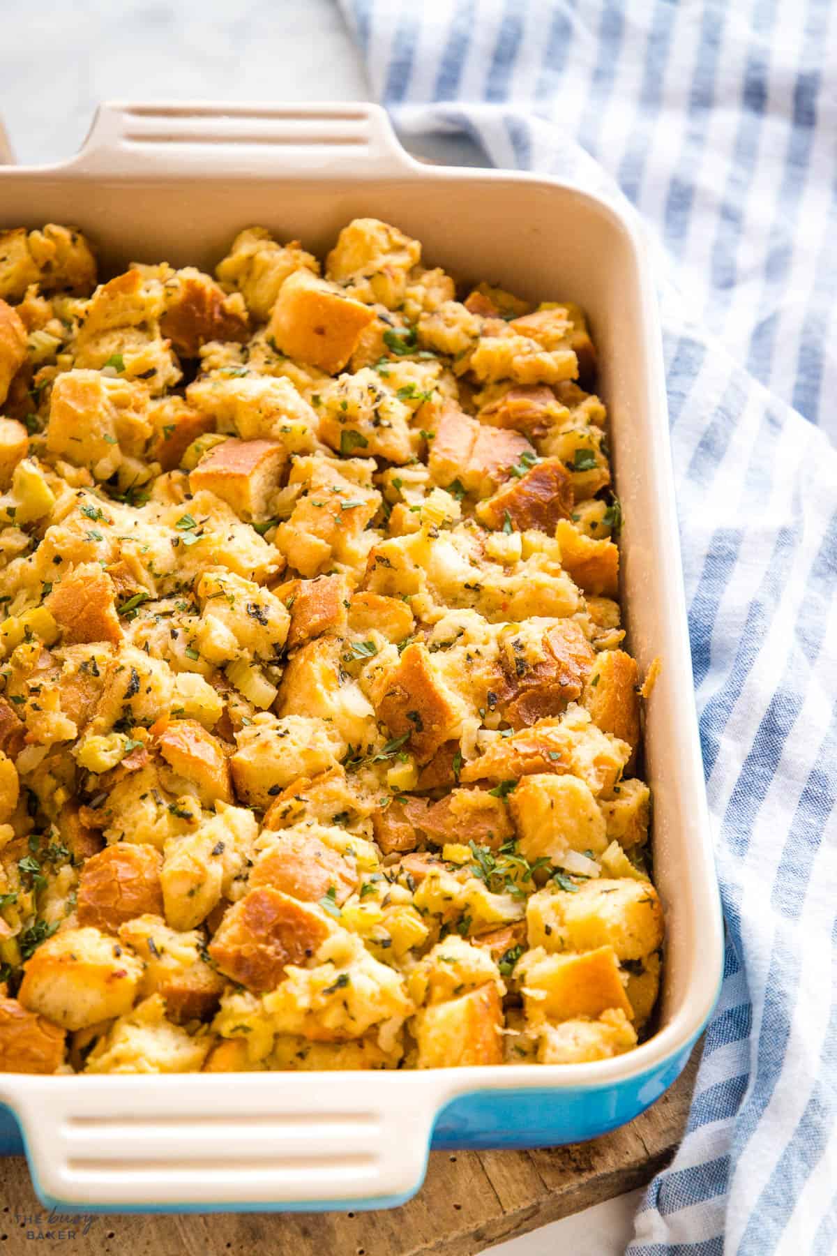 baking pan of holiday dressing recipe