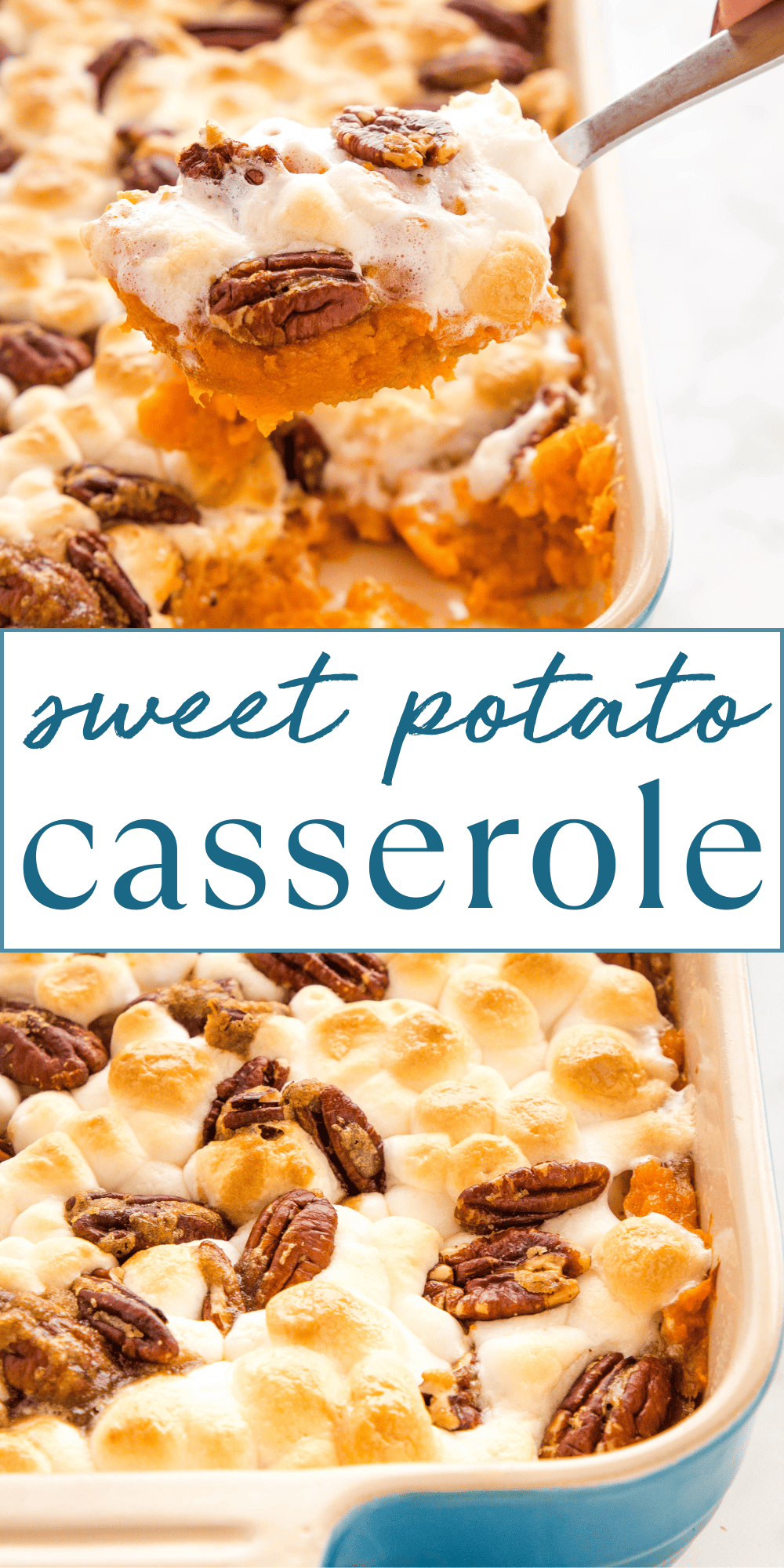 This Sweet Potato Casserole recipe with marshmallows is a classic holiday side dish made with mashed sweet potatoes topped with sweet marshmallows and candied pecans! An old fashioned family favourite recipe that's easy to make ahead! Recipe from thebusybaker.ca! #sweetpotatocasserole #holidaysidedish #sweetpotatoes #sweetpotatocasserolewithmarshmallows #thanksgiving #christmas #sidedish #easysidedish #classicsidedish #sweetpotatosidedish via @busybakerblog