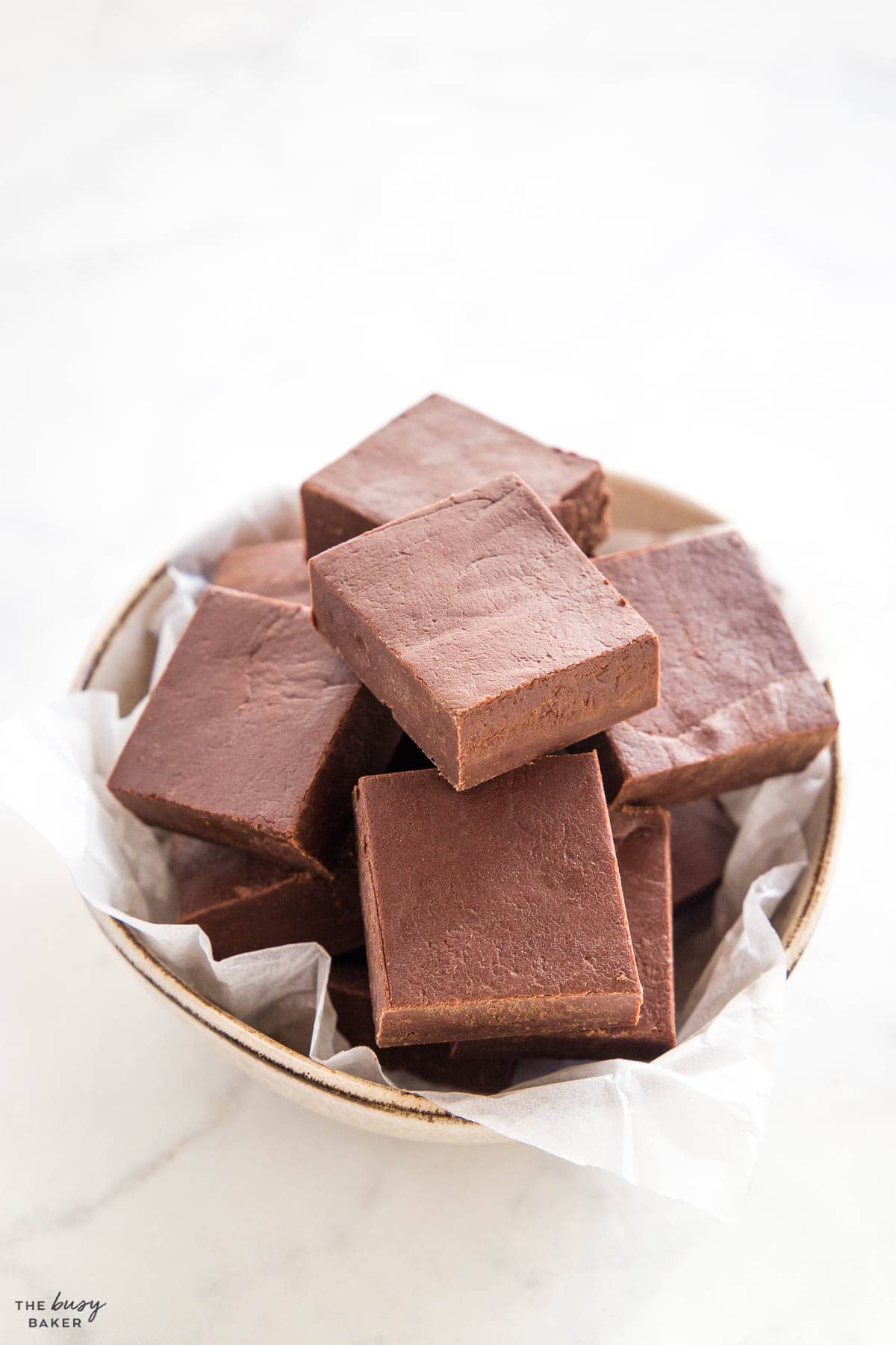 chocolate fudge pieces in bowl