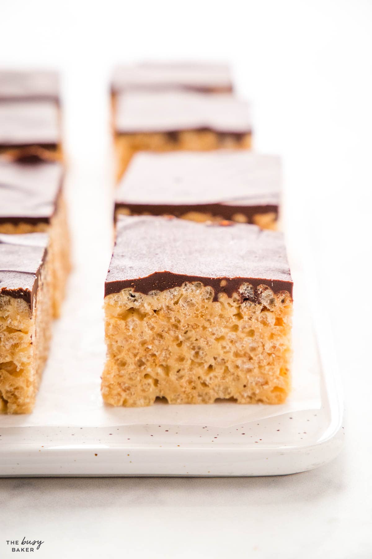 peanut butter rice krispie treats with chocolate topping
