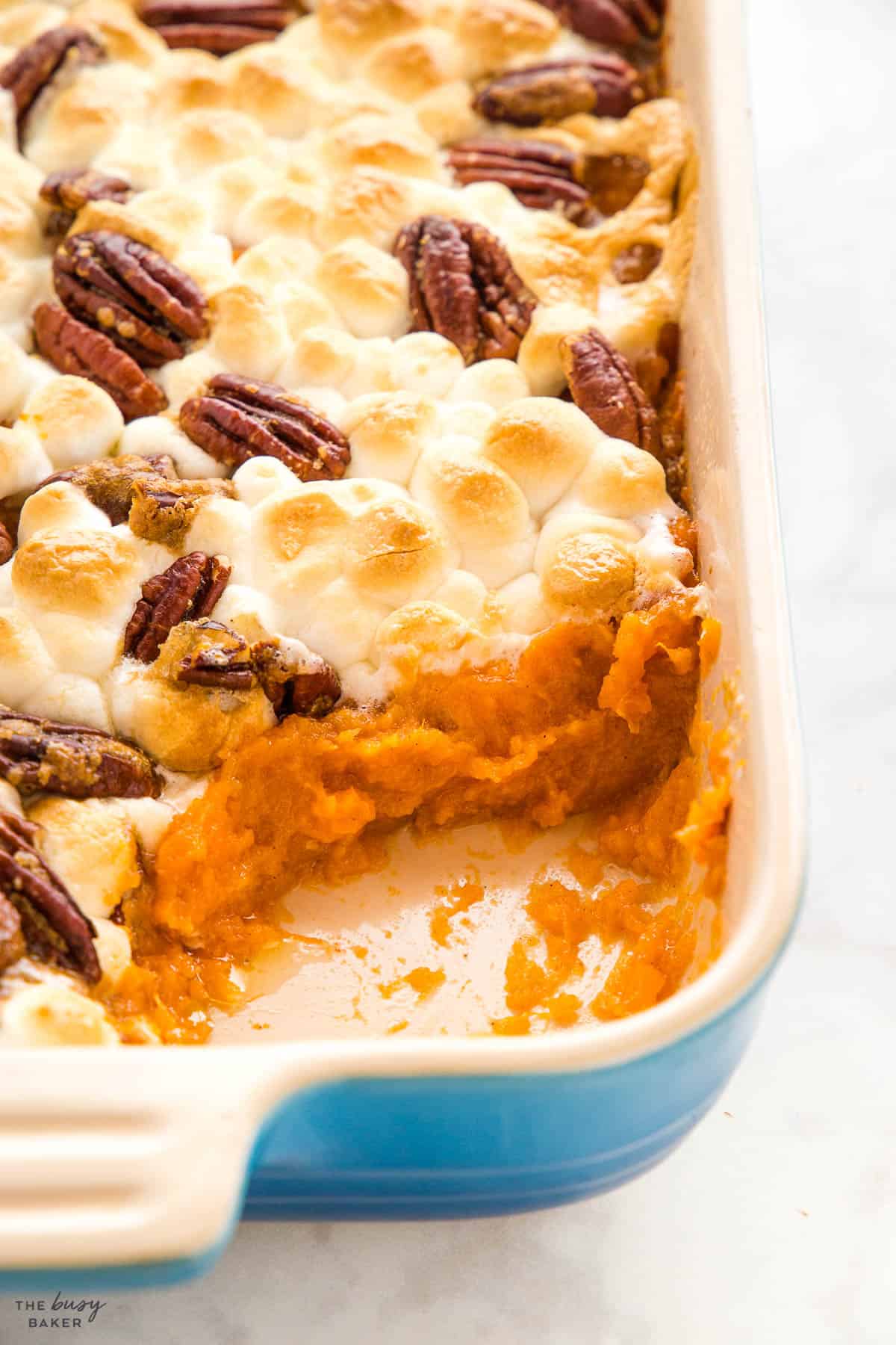 creamy sweet potato casserole with marshmallows and pecans