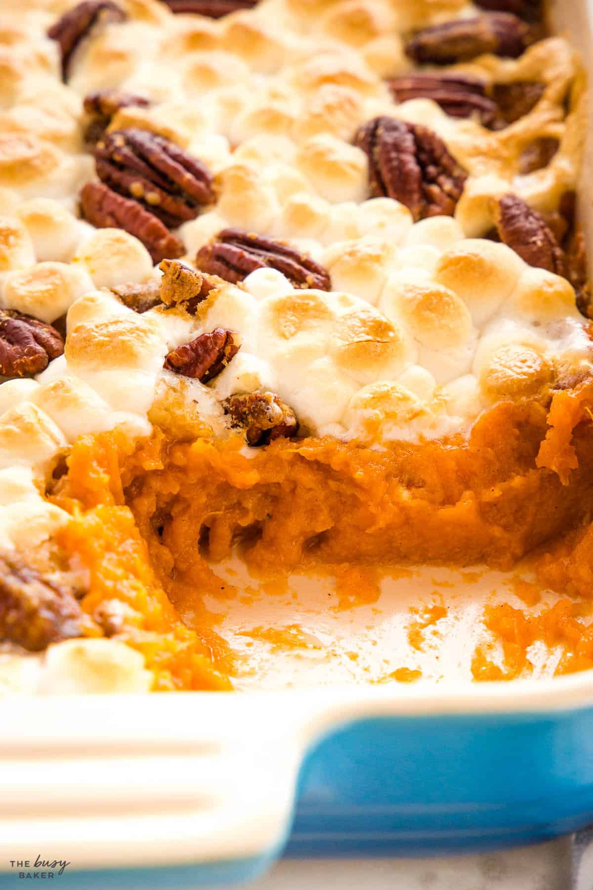 holiday side dish with baked yams, marshmallows and pecans