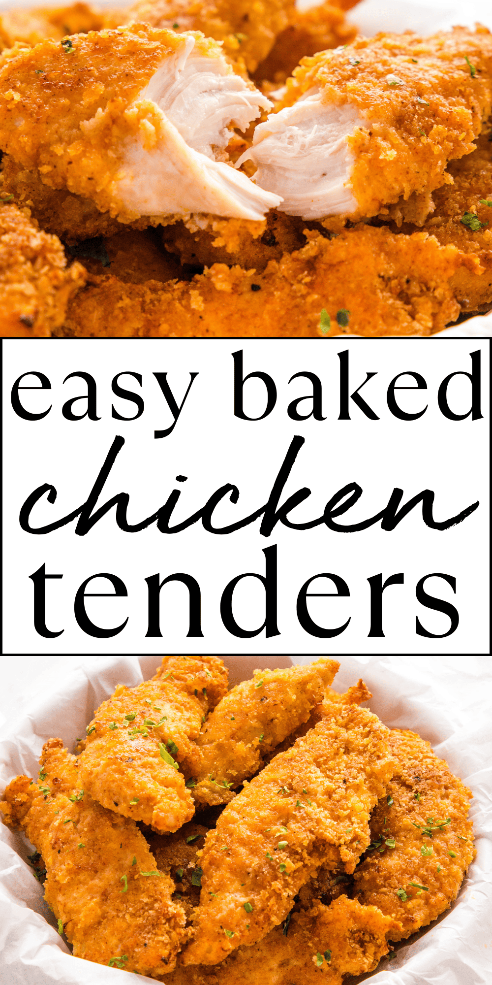 This Baked Chicken Tenders recipe is the perfect way to enjoy that fried chicken taste without all the fat! They're baked to perfection with a crispy crust and the perfect blend of herbs and spices, and only about 400 calories per serving! Recipe from thebusybaker.ca! #ovenbakedchickentenders #healthychickentenders #healthychickenfingers #ovenfriedchicken via @busybakerblog