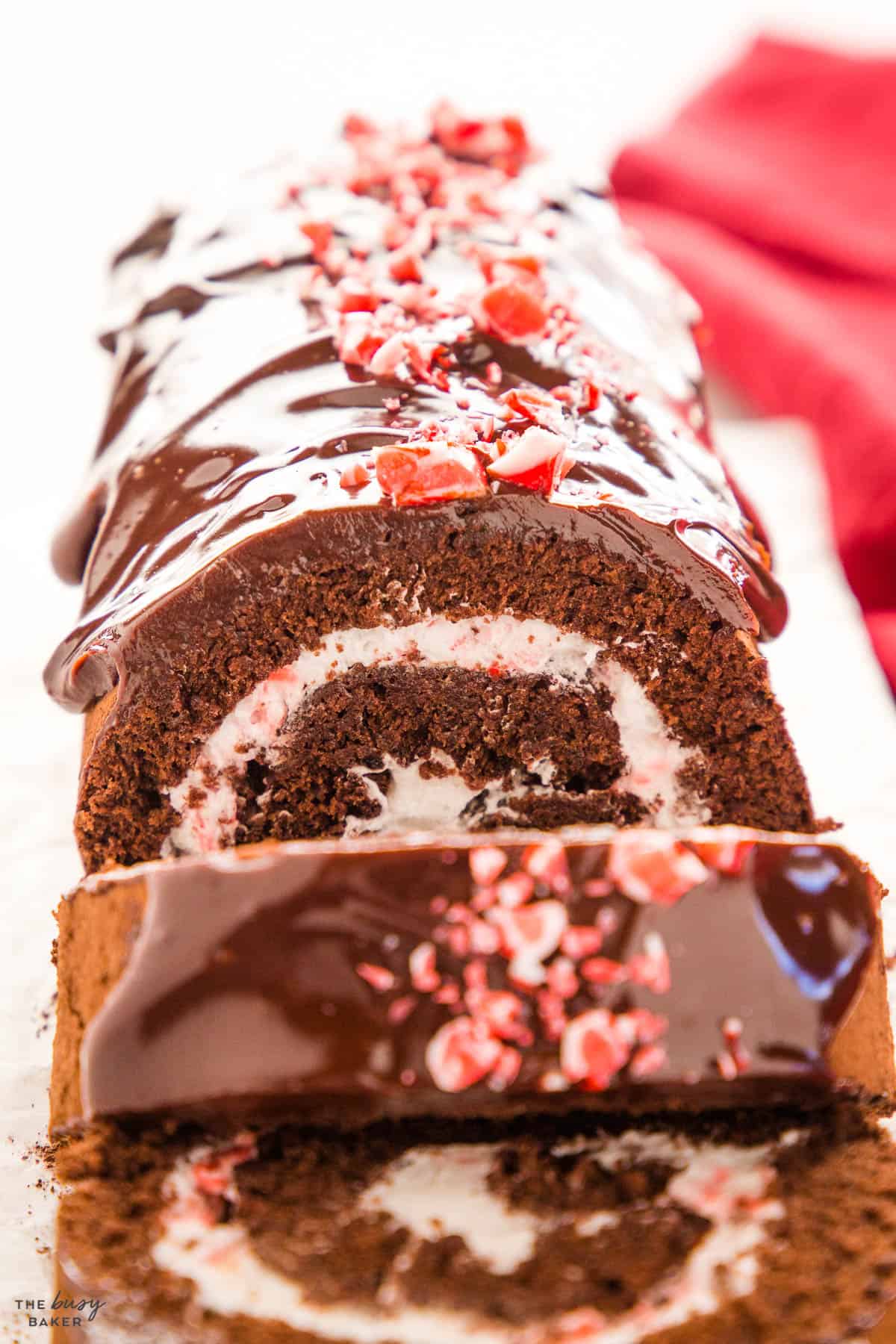closeup image: chocolate sponge cake with peppermint filling