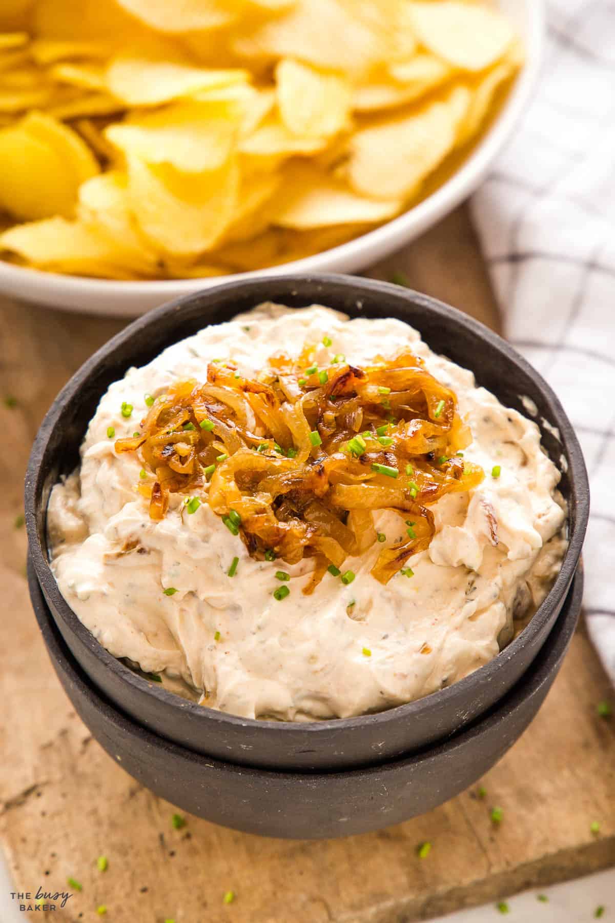 caramelized onion dip with chips