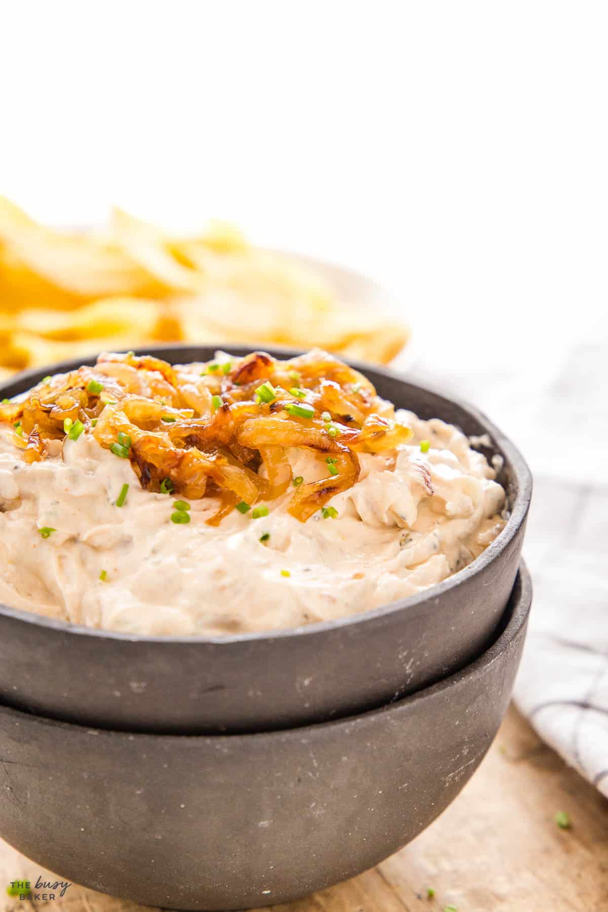 caramelized onions on top of onion dip
