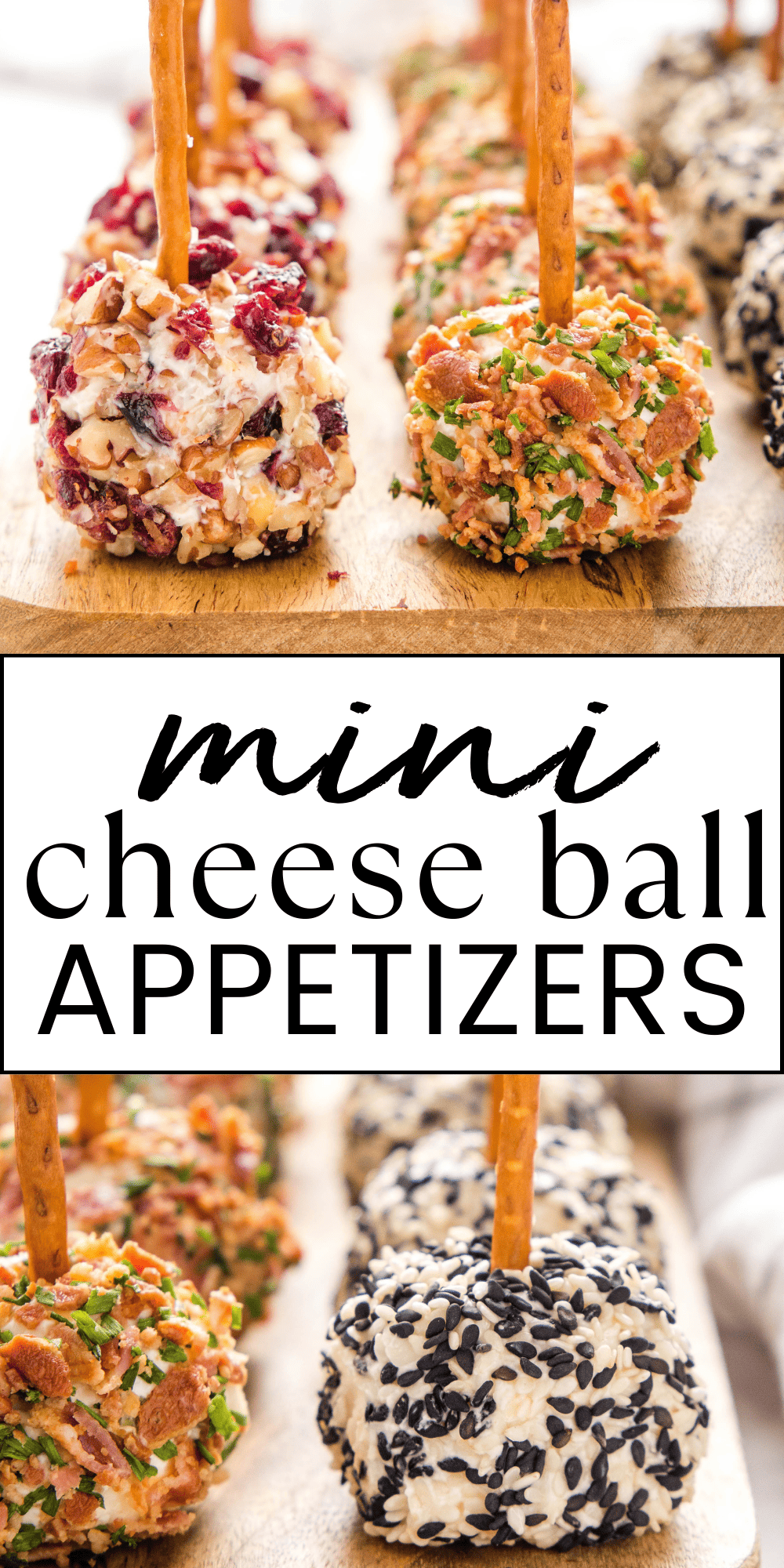 This Mini Cheese Ball Bites recipe is the perfect appetizer for cheese lovers! One basic cheese ball recipe made 3 ways: Cranberry & Pecan, Bacon & Ranch, and Honey Sesame. An easy make-ahead appetizer or snack recipe! Recipe from thebusybaker.ca! #cheeseball #cheeseballrecipe #appetizer #appetizerrecipe #holidayrecipe #holidaycheeseball #minicheeseballbites #minicheeseballs #cheeseappetizer #holidaypartyrecipe #snackrecipe via @busybakerblog