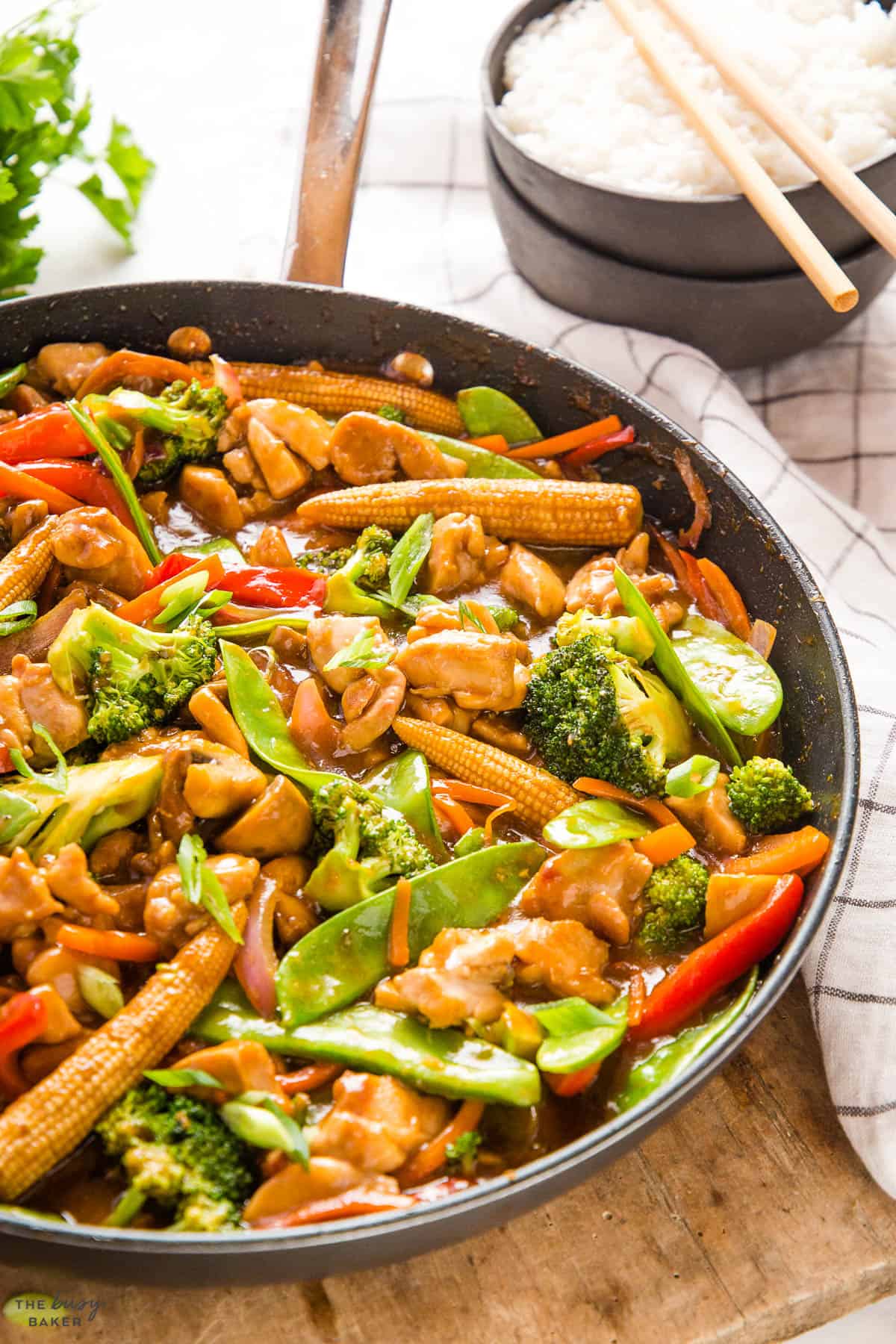 healthy family meal in a skillet with veggies