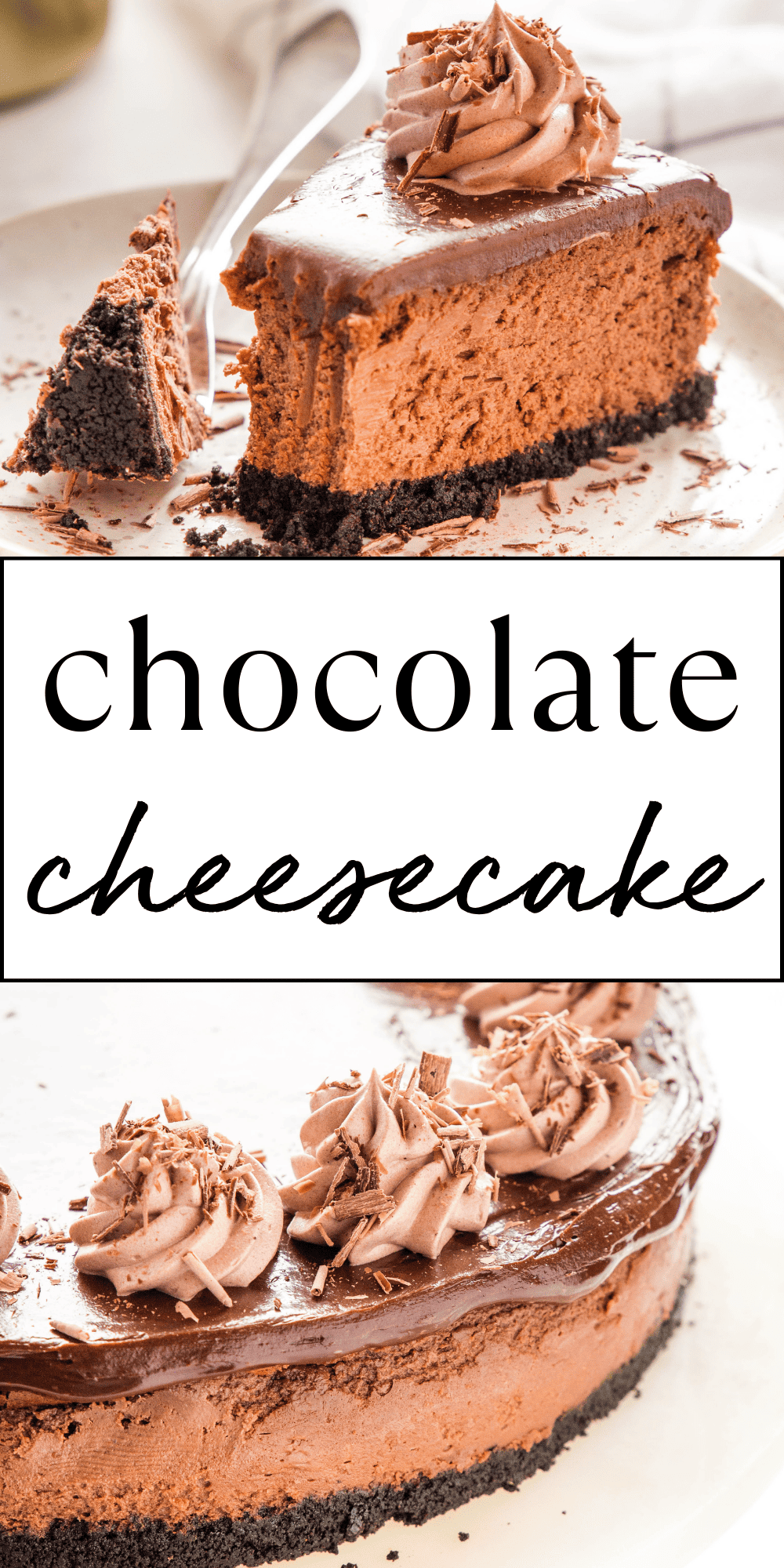 This Chocolate Cheesecake is a deliciously creamy and indulgent dessert with a chocolate cookie crust and topped with a decadent chocolate ganache. The PERFECT homemade chocolate cheesecake, no water bath required, and easy to make with our pro tips, tricks and secrets! Recipe from thebusybaker.ca! #chocolatecheesecake #cheesecakerecipe #easycheesecakerecipe #chocolatecheesecakerecipe #chocolateganache #mochacheesecake #easychocolatecheesecake via @busybakerblog