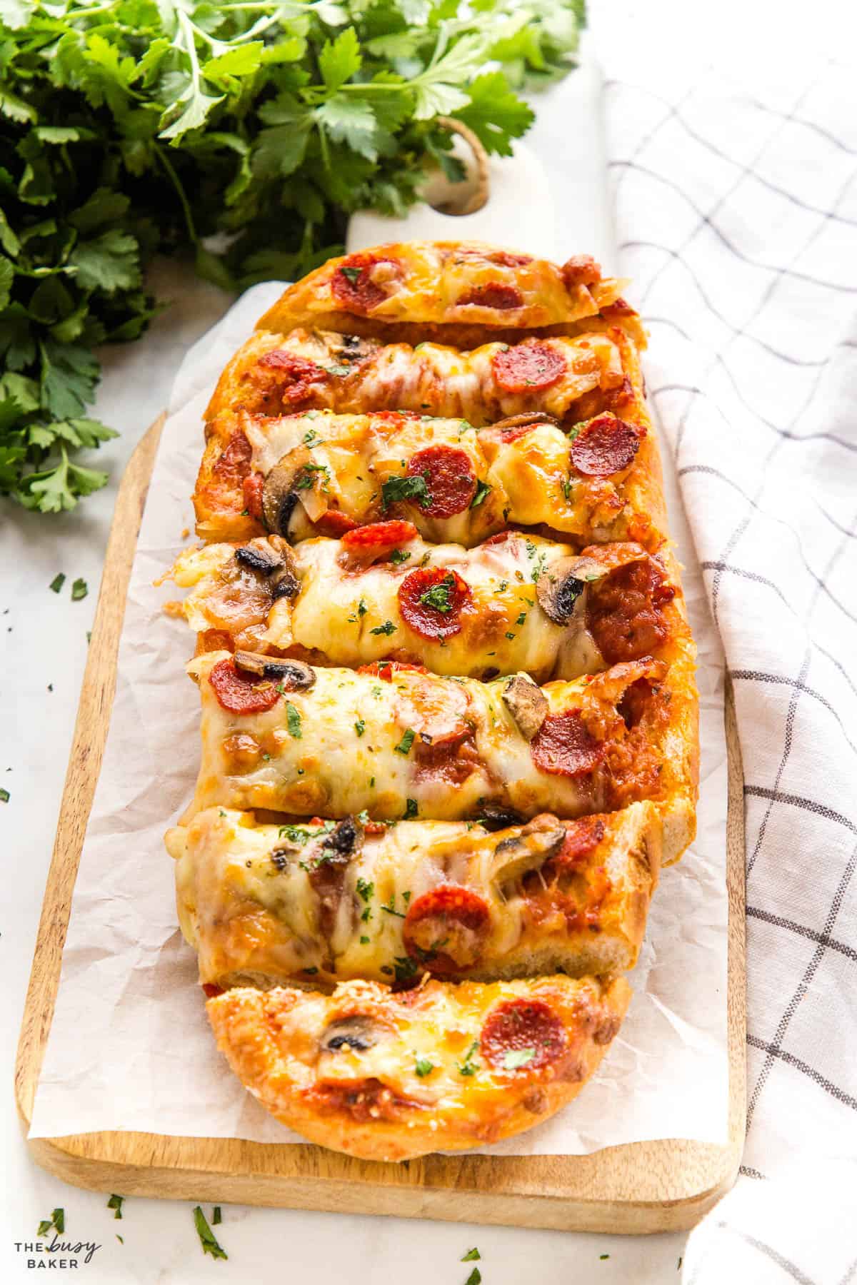pepperoni and mushroom pizza on french bread