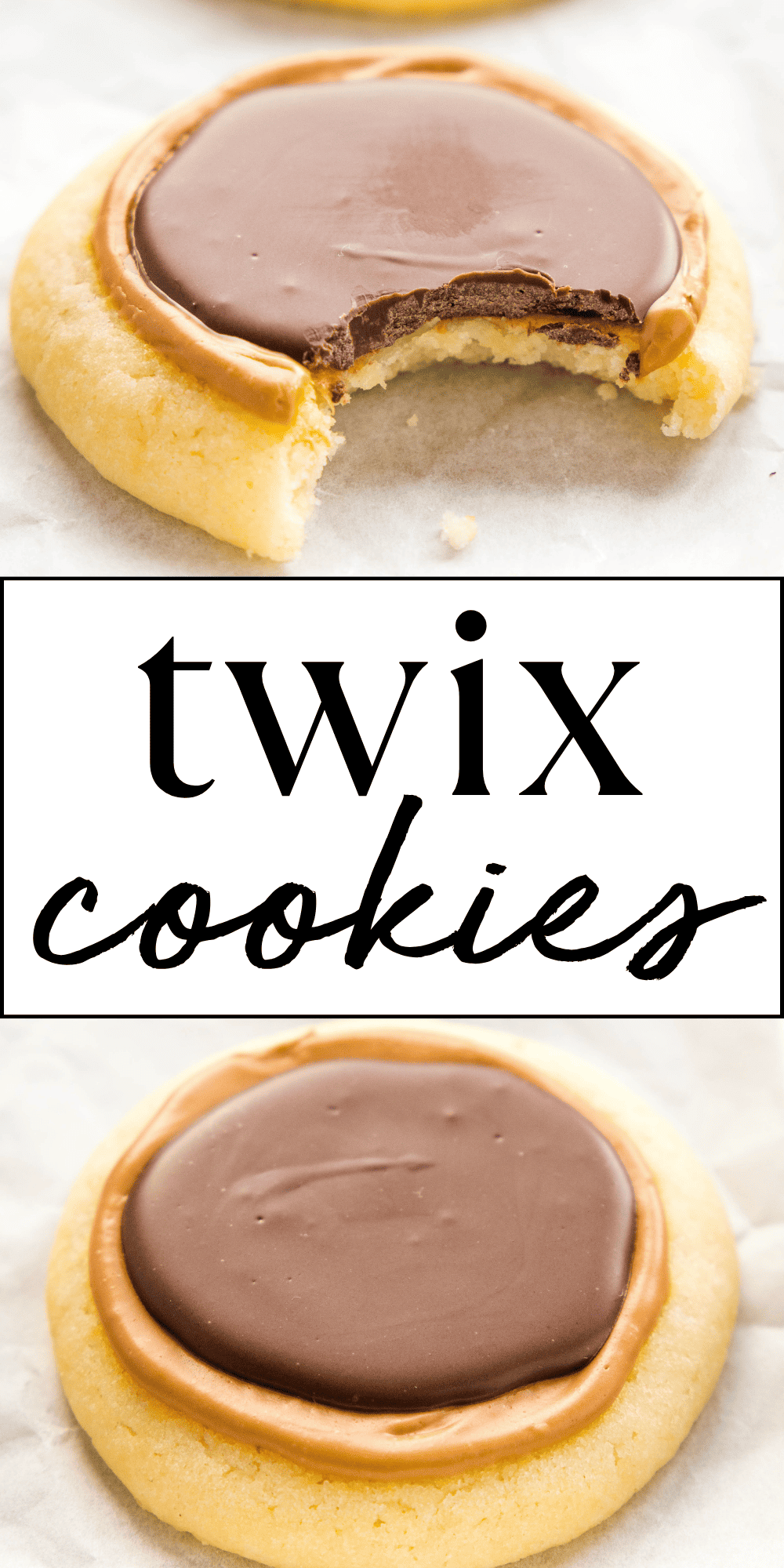 This Twix Cookies recipe is the perfect homemade treat made with a chewy sugar cookie base, creamy caramel and melted chocolate - just like a Twix bar! Recipe from thebusybaker.ca! #twixbar #twixcookies #twixcookierecipe #homemadecandybar #cookies #cookierecipe #easycookierecipe #chocolatecaramelcookies via @busybakerblog