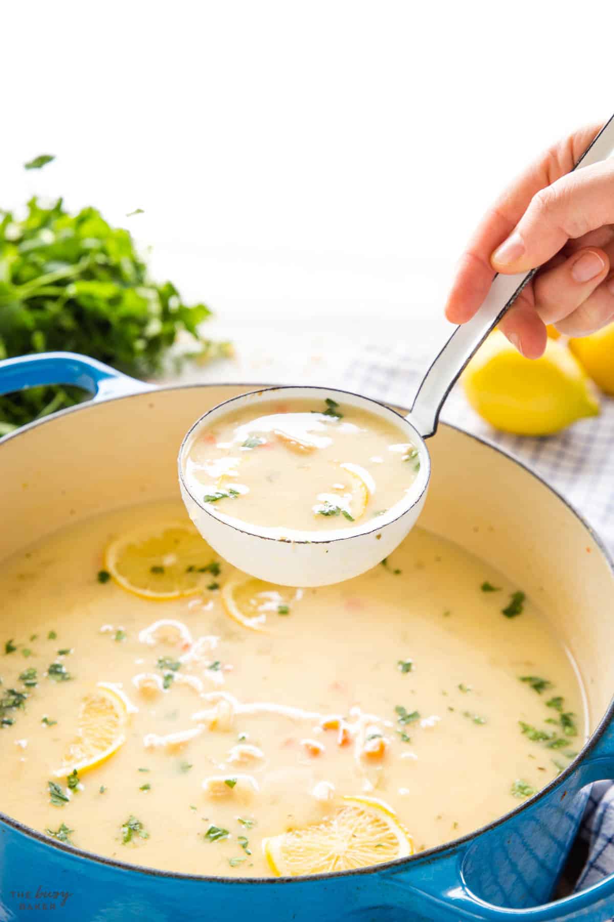 a serving of creamy lemon chicken orzo soup 
