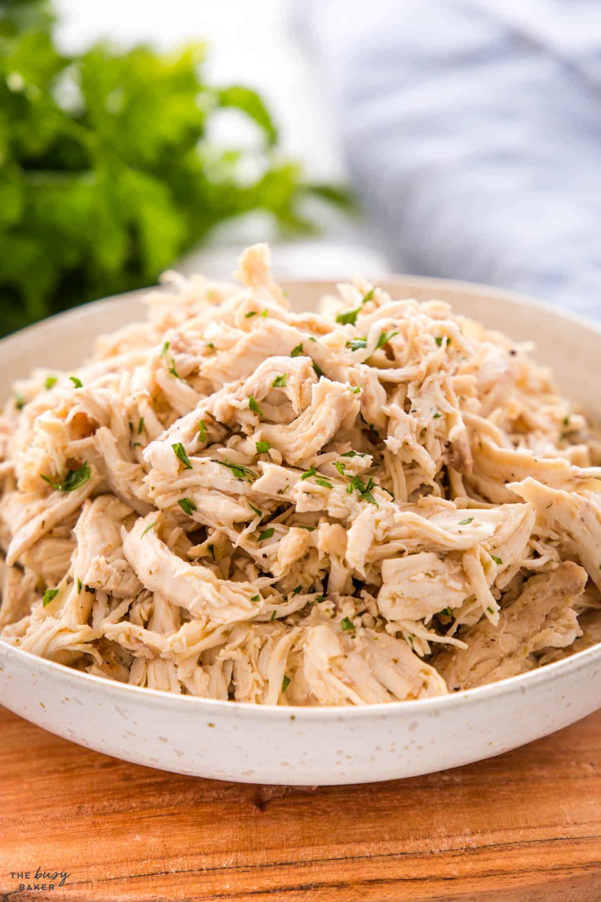 juicy pulled chicken in a bowl