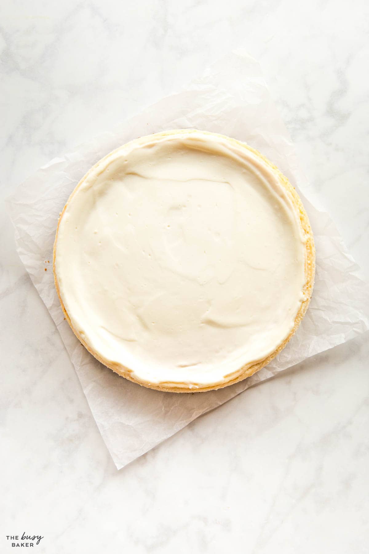 overhead image: New York cheesecake on parchment paper