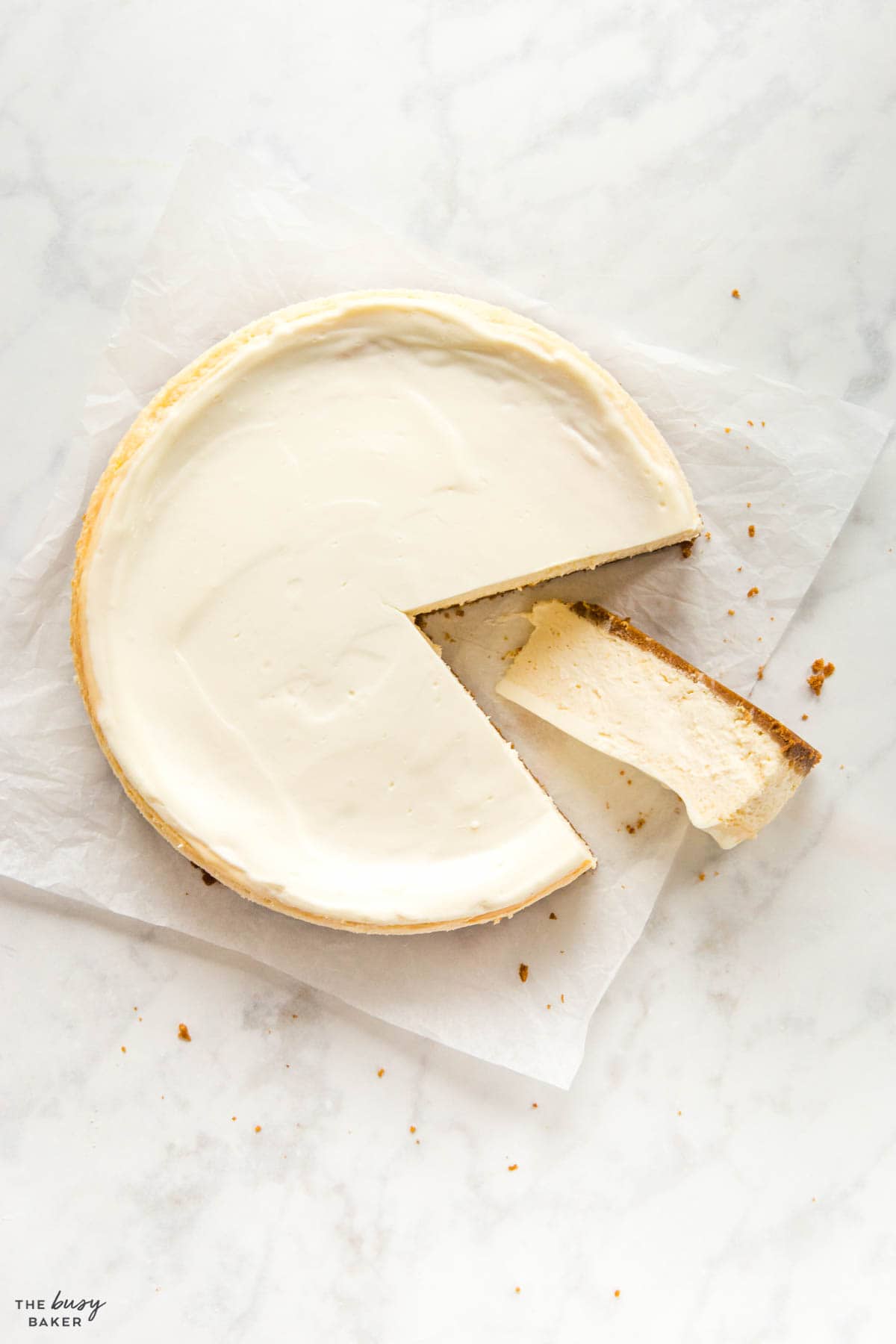 overhead image: creamy cheesecake with a graham cracker crust