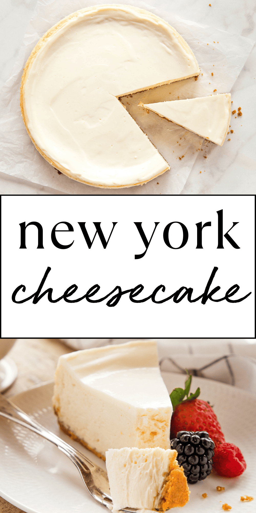 This New York Cheesecake recipe is a classic, simple and timeless dessert that's easy to make with simple ingredients. It's the BEST easy baked cheesecake recipe that's creamy, smooth and decadent - a NO-FAIL recipe thanks to our PRO tips & secrets for the perfect cheesecake every single time! Recipe from thebusybaker.ca! #cheesecake #newyorkcheesecake #easycheesecake #bakedcheesecake #cheesecakeprotips #cheesecaketips #bestevercheesecake via @busybakerblog