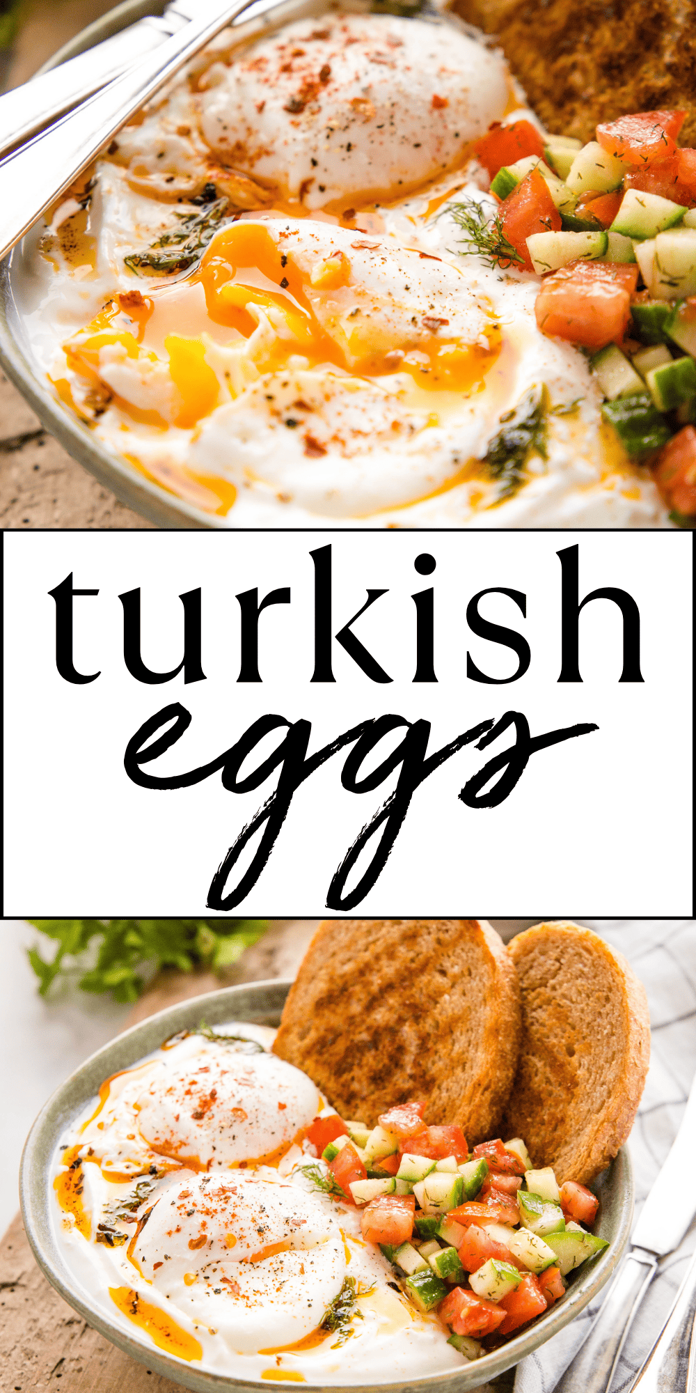 This Turkish Eggs recipe (Çilbir) is a delicious & healthy breakfast made with poached eggs, garlic yogurt sauce, chili oil, and fresh veggies. Learn how to make poached eggs the EASY way to enjoy these Turkish Eggs with yogurt! Recipe from thebusybaker.ca! #turkisheggs #turkisheggsrecipe #turkisheggswithyogurt #healthybreakfast #ketobreakfast #health #lowcarb #mediterraneandiet via @busybakerblog