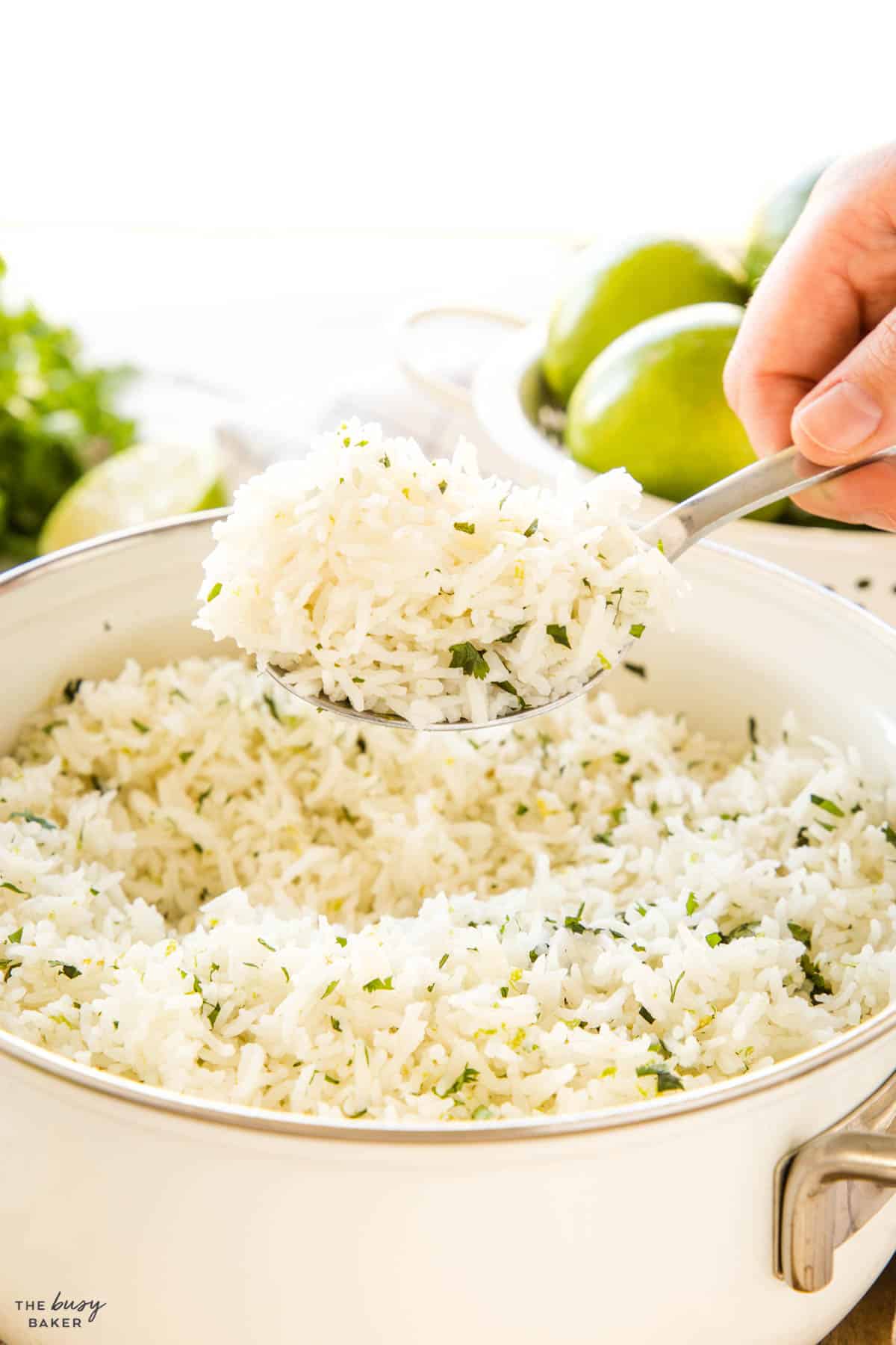 spoonful of rice with lime and cilantro