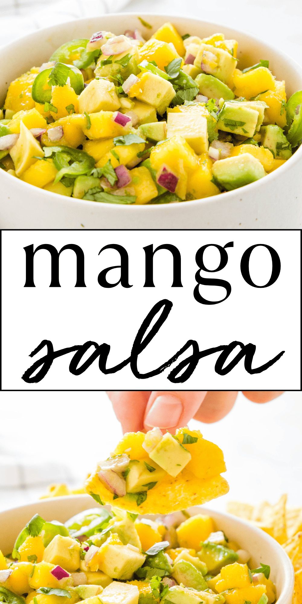 This Mango Salsa recipe is fresh and delicious and made with avocado, jalapeno and lime. The perfect mango salsa for fish, grilled chicken, or for dipping with tortilla chips. Recipe from thebusybaker.ca! #mangosalsa #mangosalsarecipe #mangoavocadosalsa #salsarecipe #dip #appetizer #mangosalsaforfish via @busybakerblog