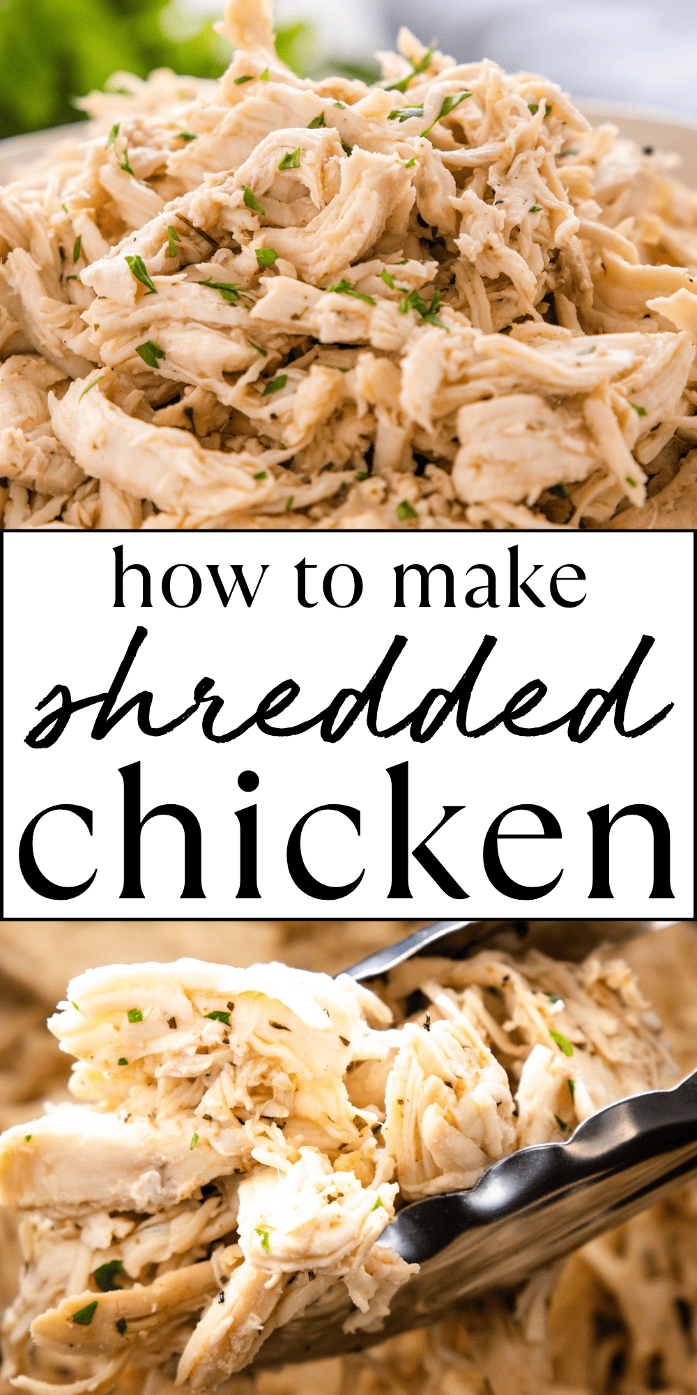 This Shredded Chicken recipe is the ultimate guide to moist and juicy crockpot shredded chicken, instant pot shredded chicken, and stovetop poached chicken for shredding. We'll show you how to make quick and easy shredded chicken for meal prep! Recipe from thebusybaker.ca! #shreddedchicken #easyshreddedchicken #easyprotein #healthydiet #highprotein #lowcarb #instantpotshreddedchicken #crockpotshreddedchicken #easychickenrecipe via @busybakerblog