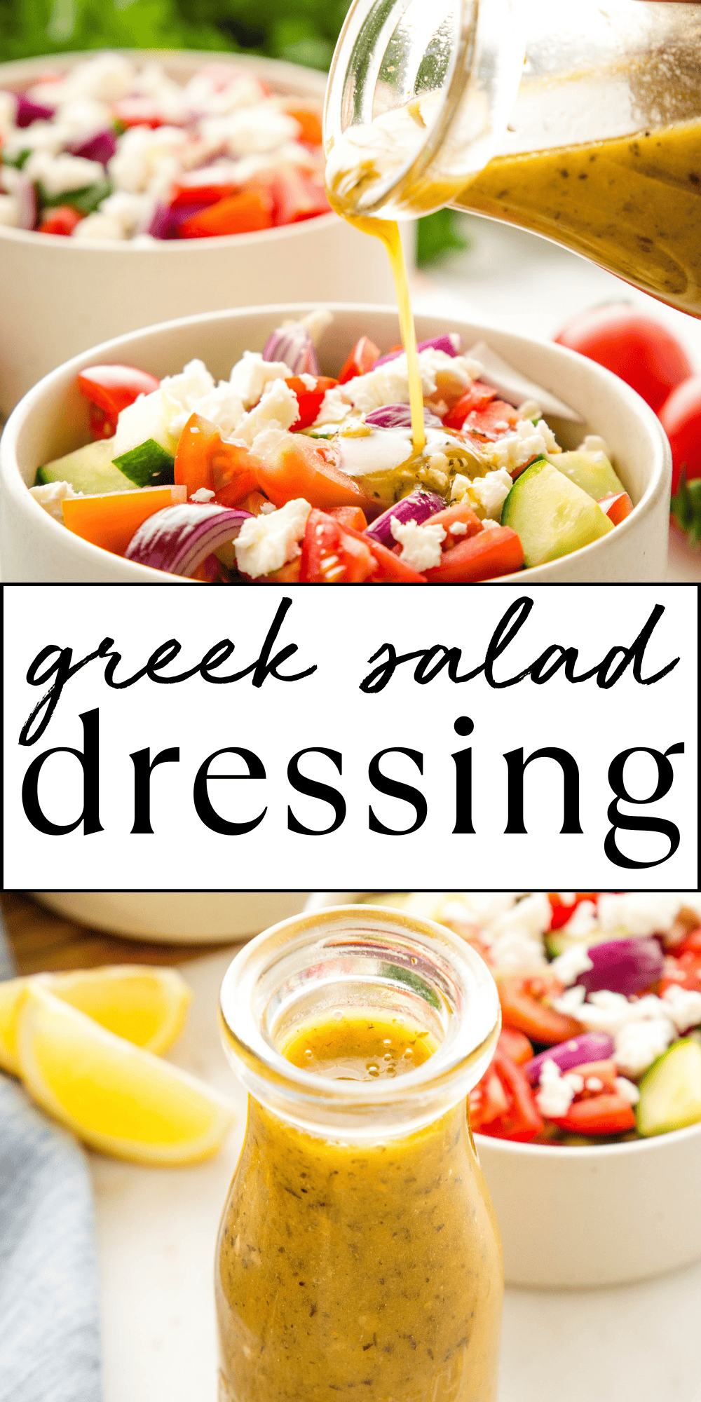 This Greek Salad Dressing recipe is the BEST easy Greek dressing. Made with basic ingredients, this Greek-style vinaigrette is easy to make in minutes and it's perfect on salads, for serving on grilled veggies, and even used as a marinade for grilled meats. Recipe from thebusybaker.ca! #greeksaladdressing #greekdressing #greeksalad #greekrecipe #saladdressing #dressing #saladdressingrecipe via @busybakerblog